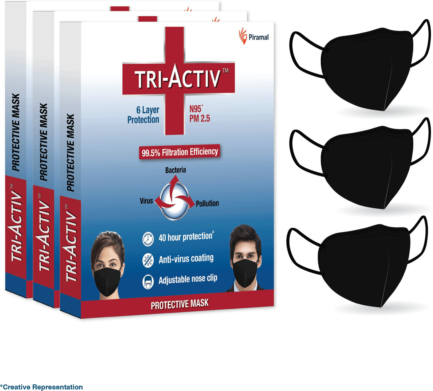 Image of Tri-Activ 6 Layer Protective Mask, PM2.5 / N95 Tested as per NIOSH standard, Anti-Virus Coating, 99.5% Filtration Efficiency, Adjustable Nose Clip, Reusable Cloth Mask With Melt Blown Fabric Layer (Black, Free Size, Pack of 3)