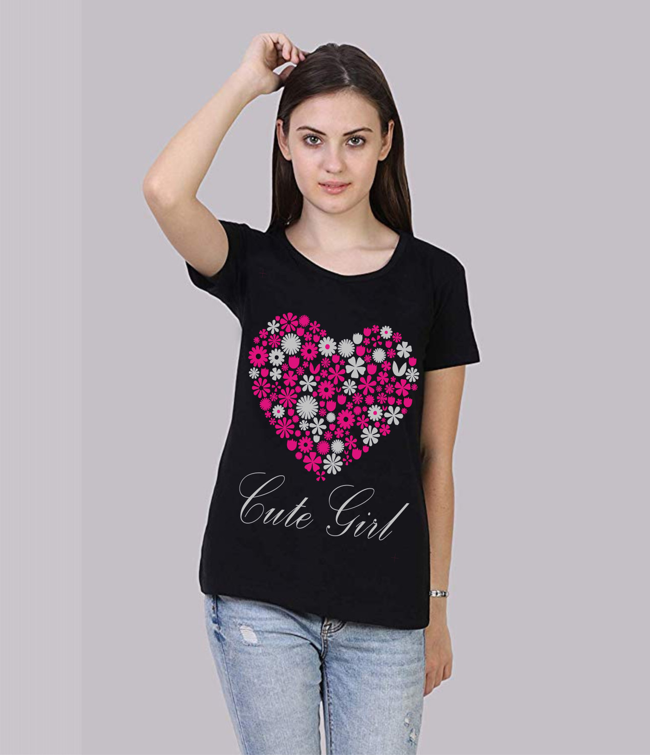 Image of Roadster Women Printed Round Neck Pure Cotton Black T-Shirt