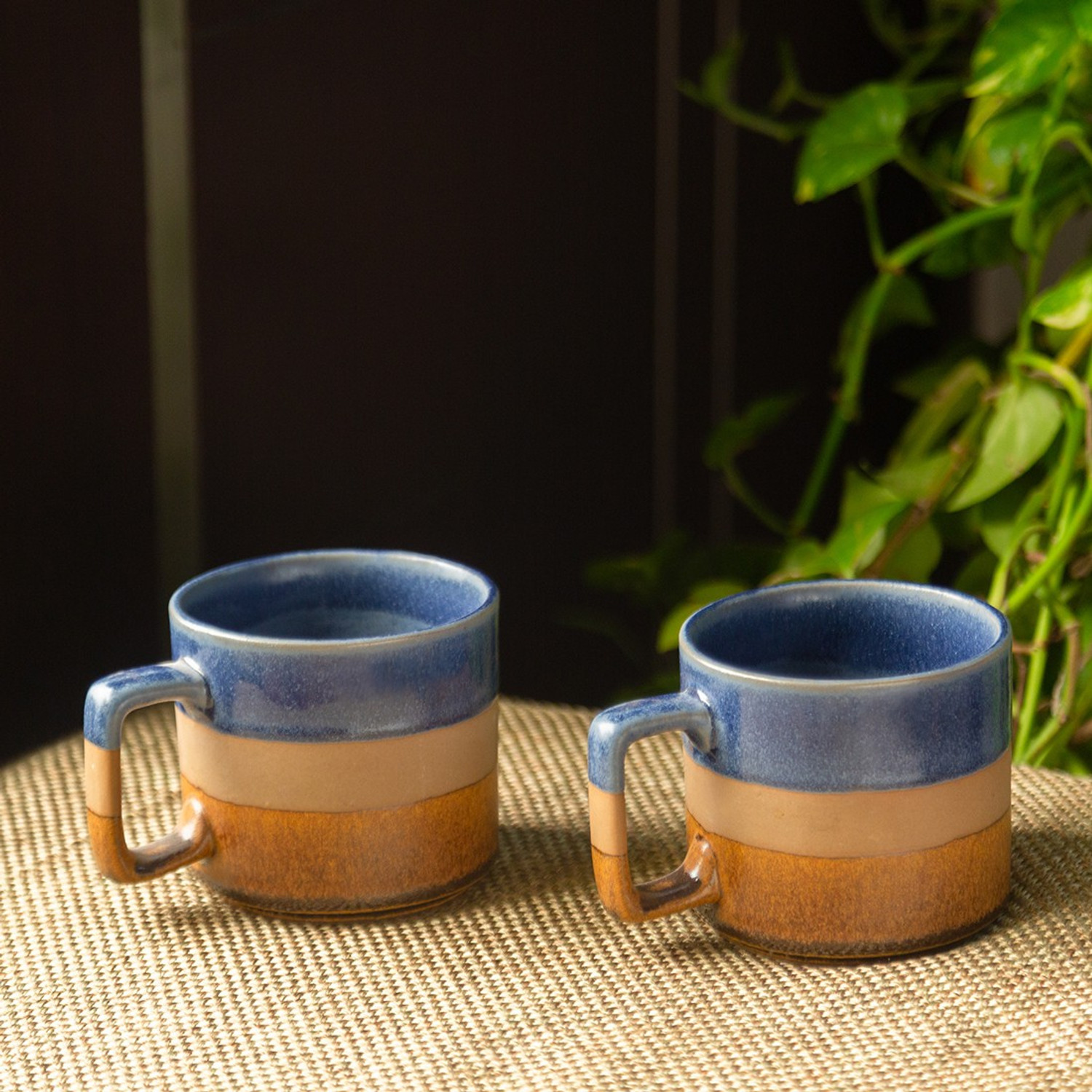 Image of ExclusiveLane Pack of 2 Ceramic Hand Glazed Studio Pottery (Blue, Brown, Cup Set)