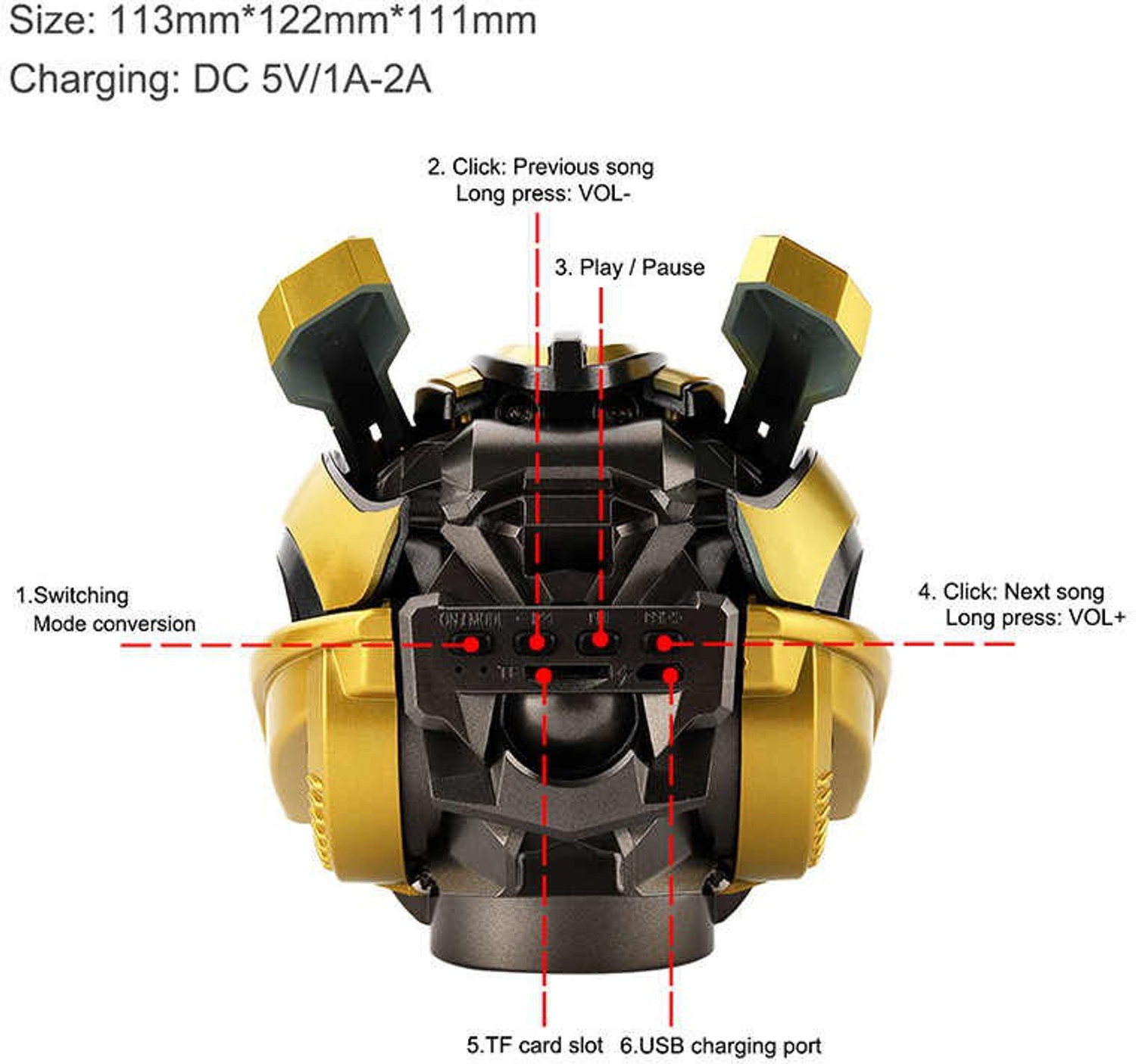 Image of Rocketek Bumblebee Helmet Lighting Eye Stereo FM Radio Mp3 TF Card Supported Subwoofer Wireless Bluetooth 5 W Bluetooth Speaker (Yellow, Stereo Channel)