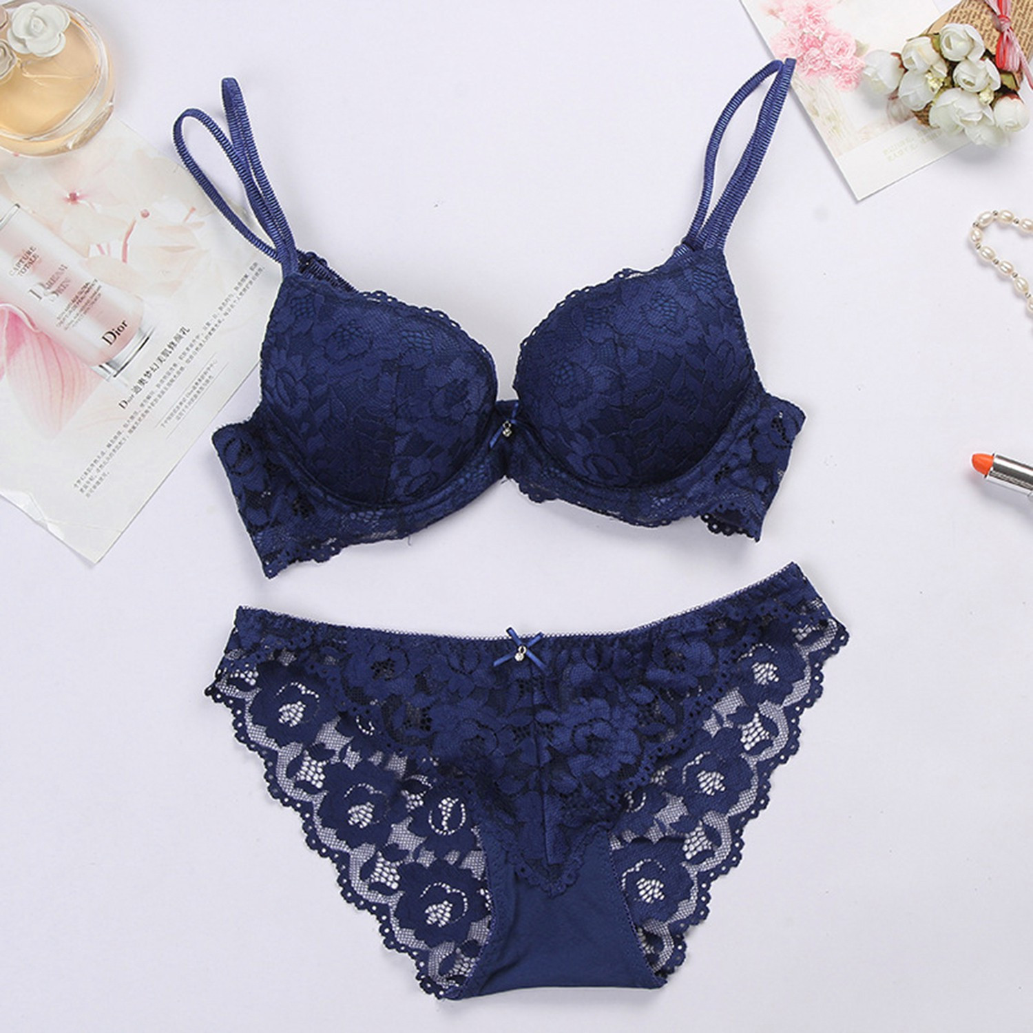 Image of DealSeven fashion Bra & Panty Set Solid Blue Lingerie Set