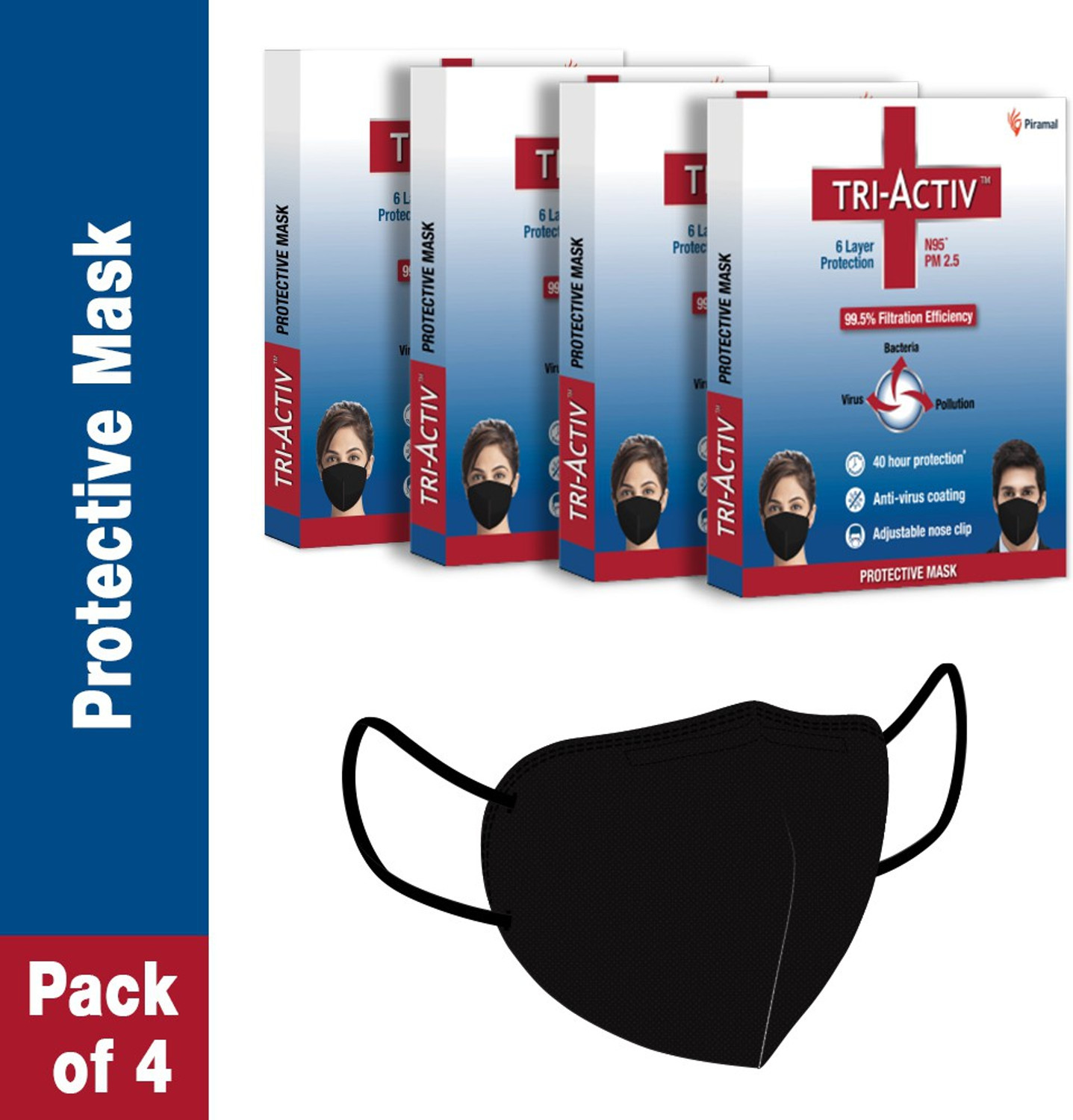 Image of Tri-Activ 6 Layer Protective Mask, PM2.5 / N95 Tested as per NIOSH standard, Anti-Virus Coating, 99.5% Filtration Efficiency, Adjustable Nose Clip, Reusable Cloth Mask With Melt Blown Fabric Layer (Black, Free Size, Pack of 4)