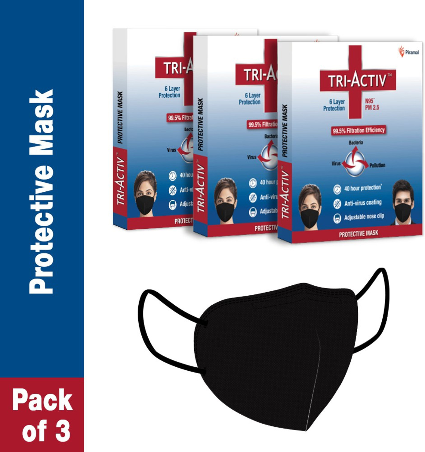 Image of Tri-Activ 6 Layer Protective Mask, PM2.5 / N95 Tested as per NIOSH standard, Anti-Virus Coating, 99.5% Filtration Efficiency, Adjustable Nose Clip, Reusable Cloth Mask With Melt Blown Fabric Layer (Black, Free Size, Pack of 3)