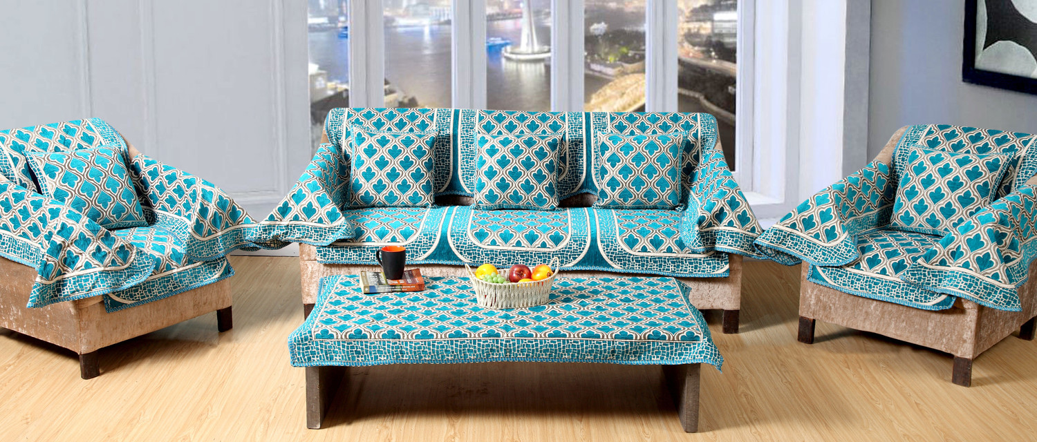 Image of Luxury Crafts Cotton 3+1+1 Seater Sofa Abstract Cover (Pack of 18 Blue)