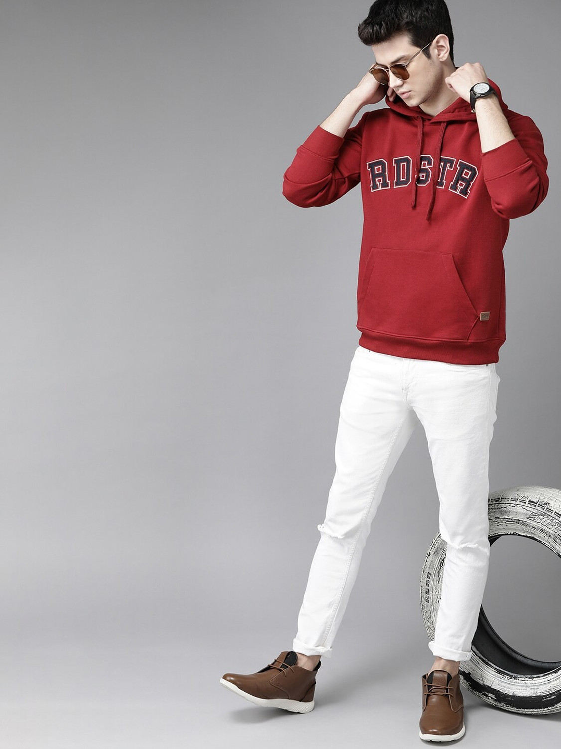 Image of Roadster Men Full Sleeve Embroidered Hooded Sweatshirt