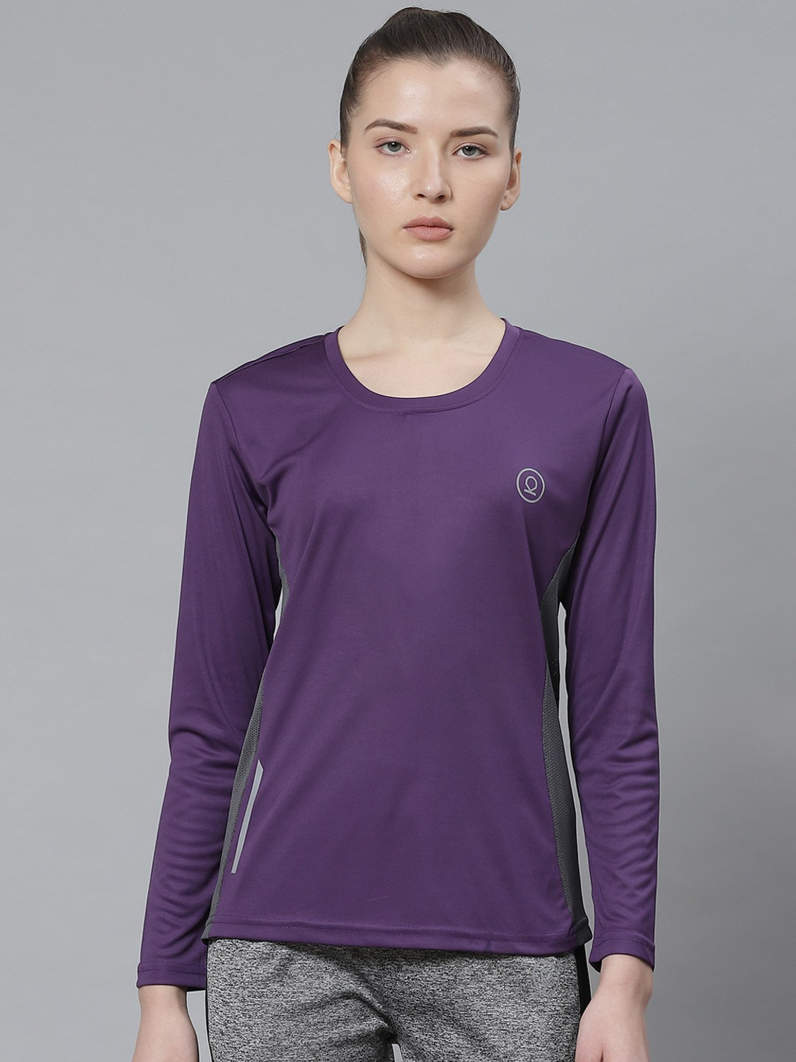 Image of CHKOKKO Women Solid Round Neck Polyester Purple T-Shirt