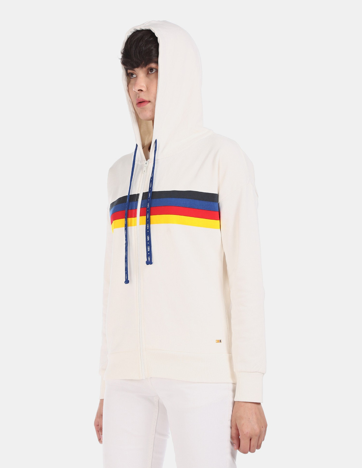 Image of U.S. POLO ASSN. Women Full Sleeve Striped Hooded Sweatshirt