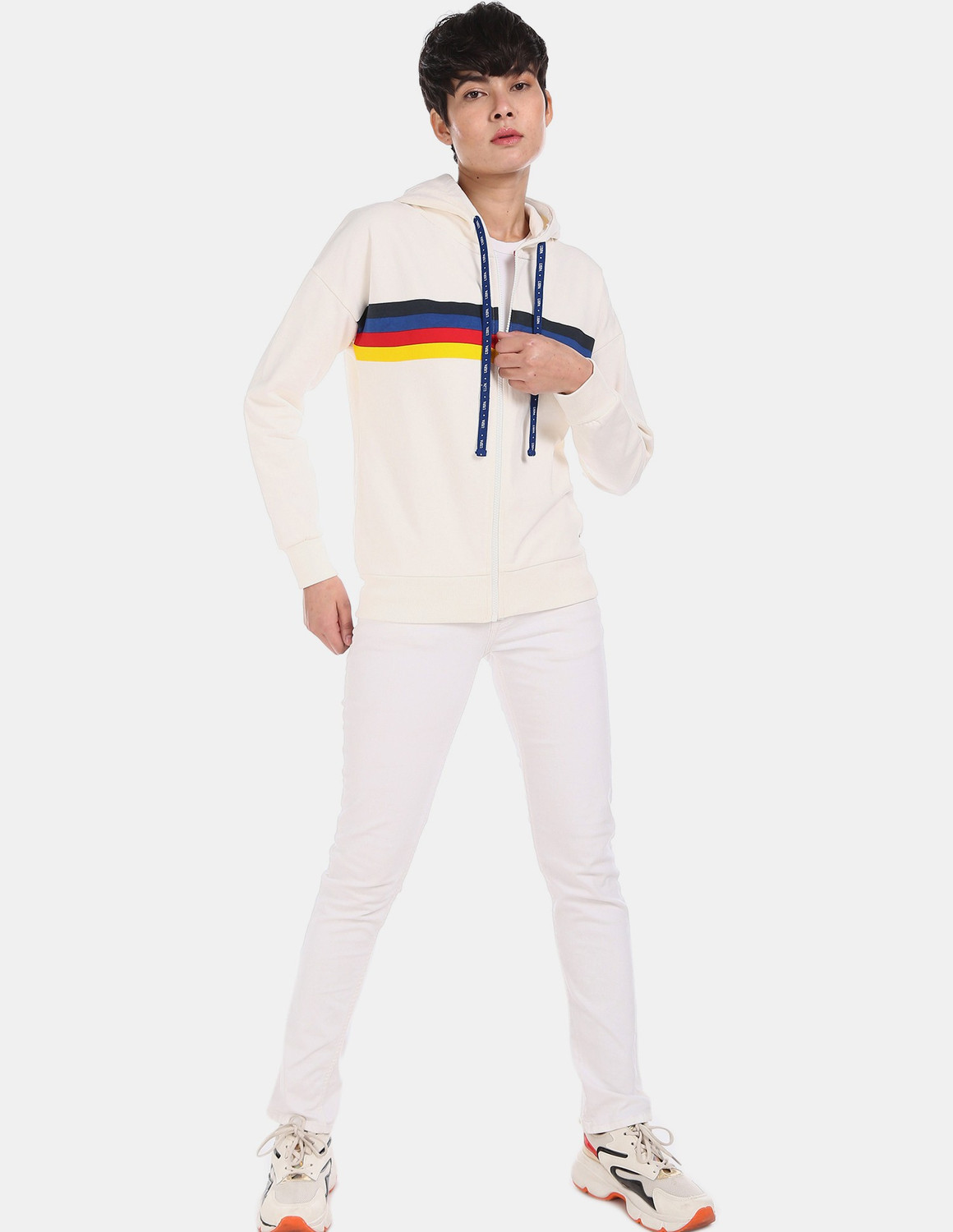 Image of U.S. POLO ASSN. Women Full Sleeve Striped Hooded Sweatshirt