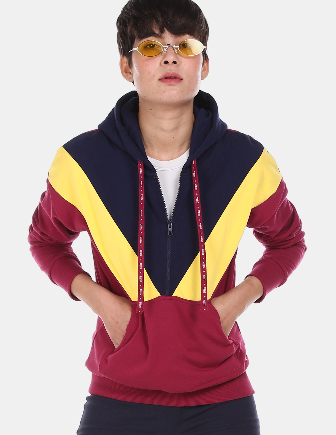 Image of U.S. POLO ASSN. Women Full Sleeve Striped Hooded Sweatshirt