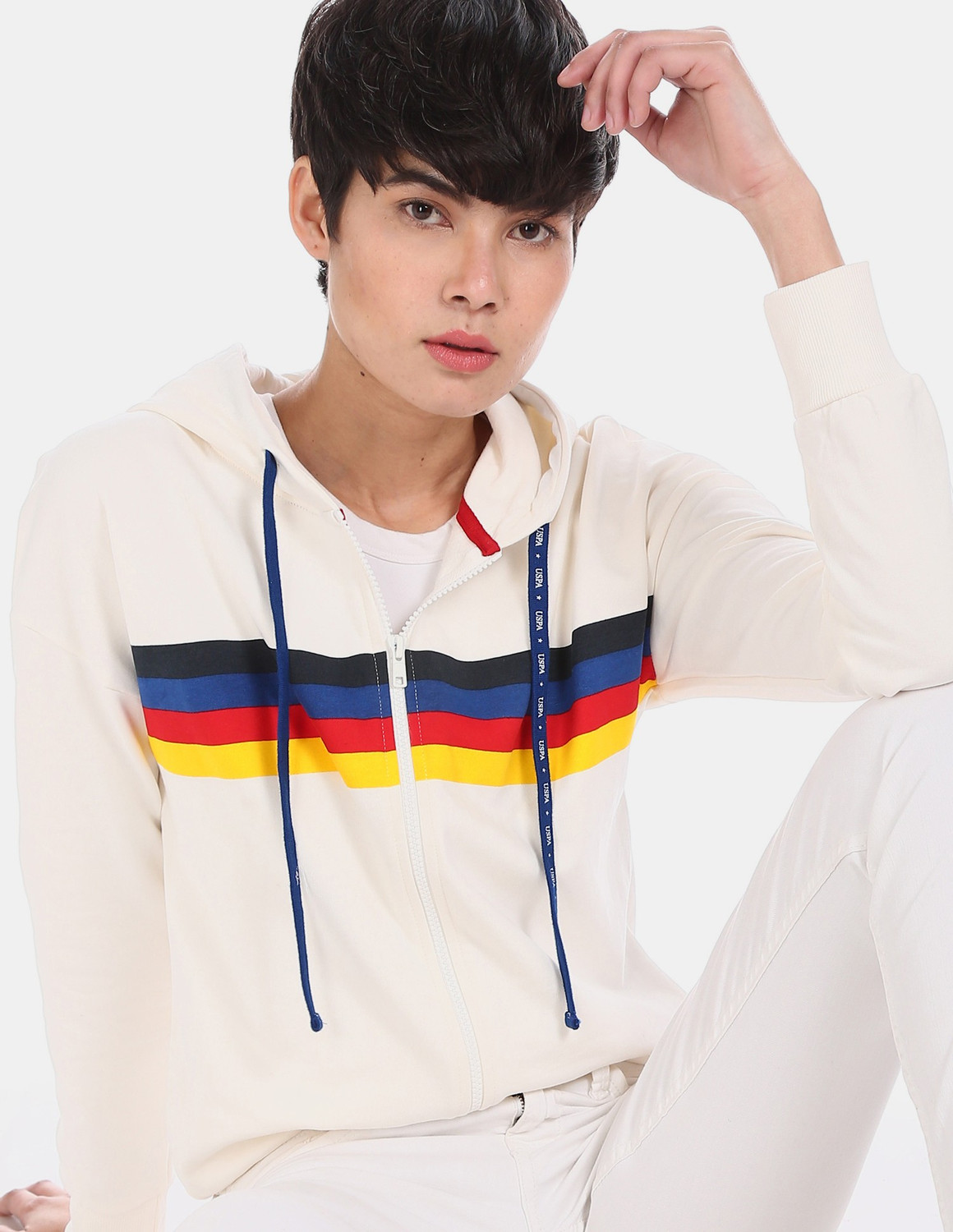 Image of U.S. POLO ASSN. Women Full Sleeve Striped Hooded Sweatshirt