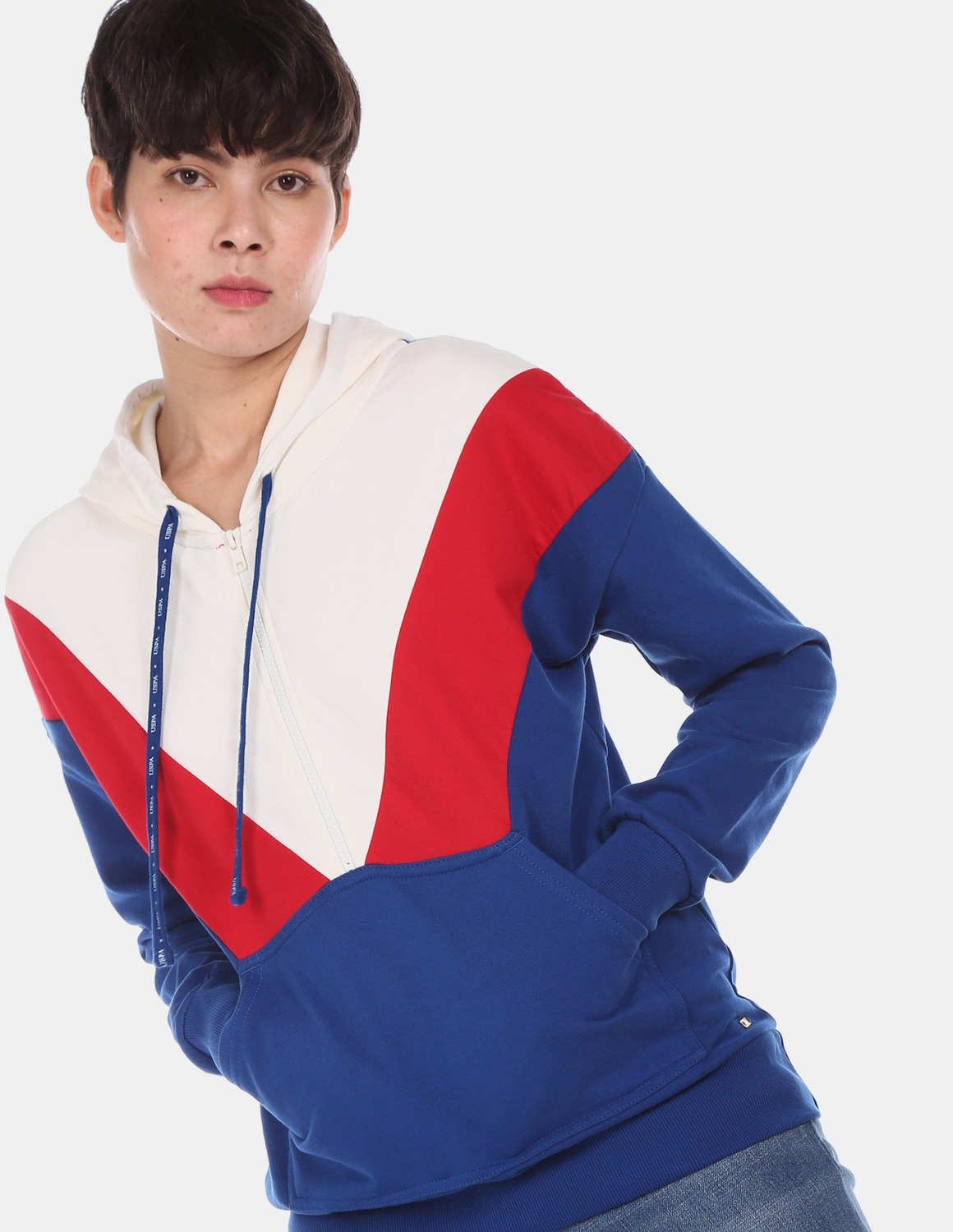 Image of U.S. POLO ASSN. Women Full Sleeve Striped Hooded Sweatshirt