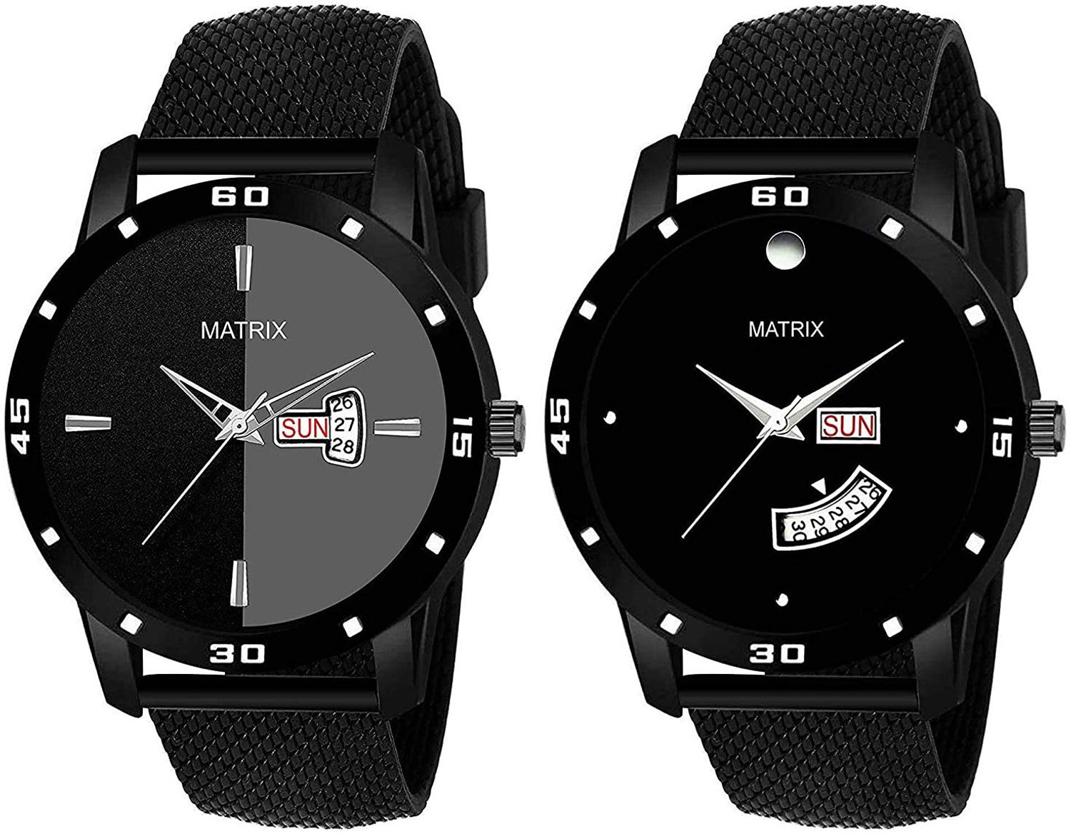 Image of MATRIX Silicon Mesh Strap Day & Date Functioning Analog Watch - For Men Pair Of 2 Black Analog Day & Date Wrist Watch