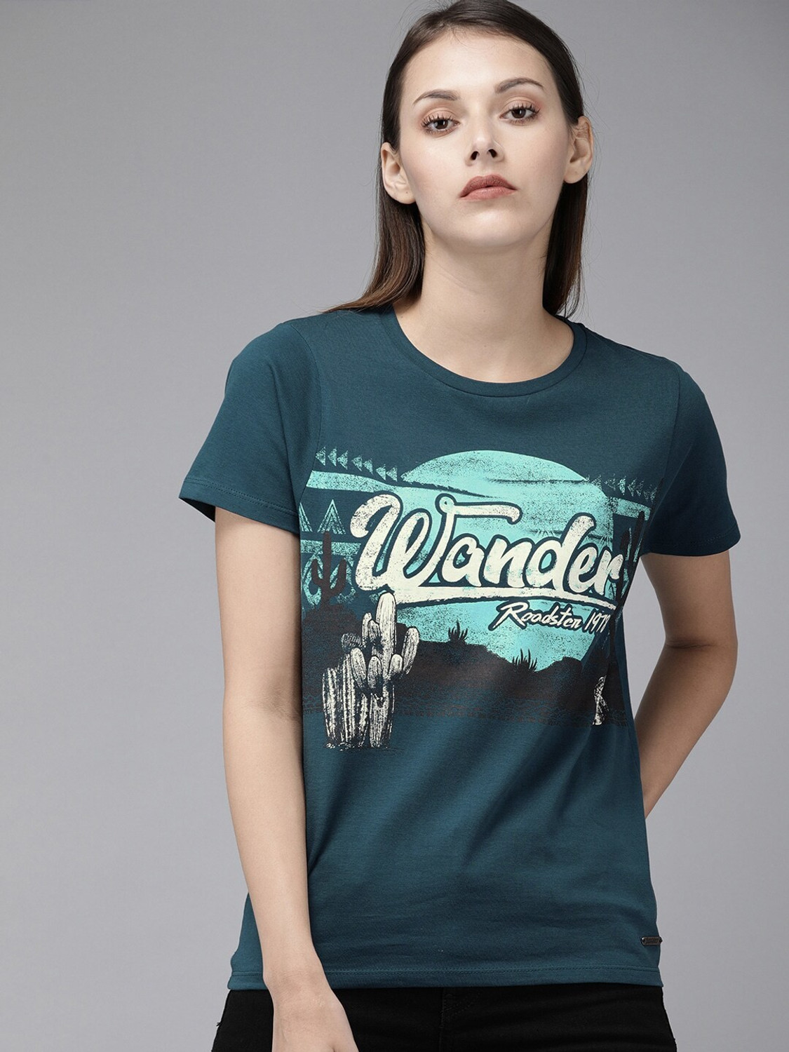 Image of Roadster Women Printed Round Neck Pure Cotton Black T-Shirt
