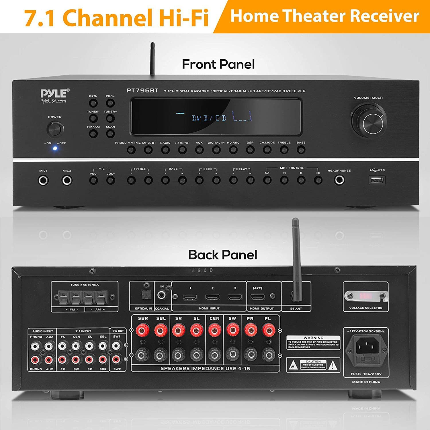 Image of PYLE 7.1-Channel Hi-Fi Bluetooth Stereo Amplifier - 2000 Watt AV Home Theater Speaker Subwoofer Surround Sound Receiver w /Radio, USB, RCA, HDMI, MIC in, Supports 4K UHD TV, 3D, Blu-Ray - PT796BT 600 W AV Control Receiver (Black)