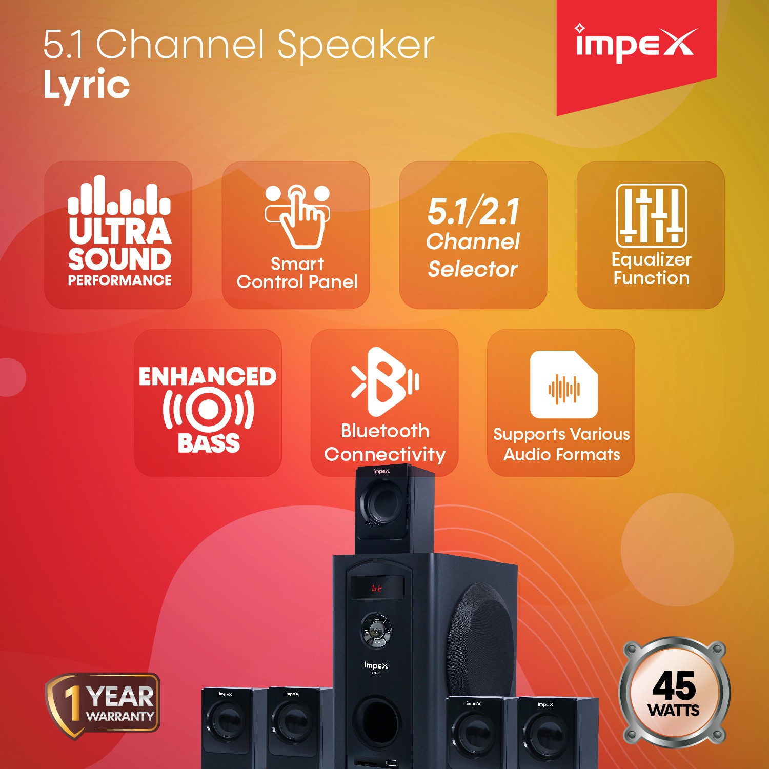 Image of IMPEX Lyric 5.1 45 W Bluetooth 45 W Bluetooth Home Theatre (Black, 5.1 Channel)
