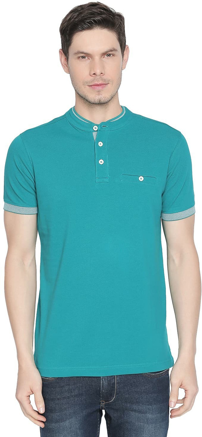 Image of TRIPR Men Solid Mandarin Collar Cotton Blend Grey T-Shirt