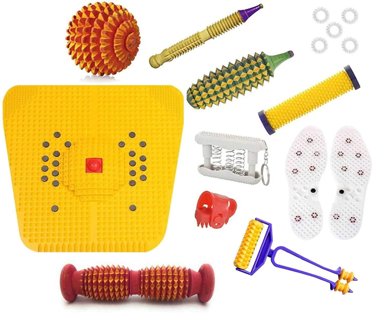 Acufit ACU201 Acupressure Massager Tools Combo Kit for Stress and Pain Relief with Foot Roller (Pyramidal cuts)(Wooden) + Bio - Magnetic Power Mat + Wooden Handle Roller + Thumb Pad + Pocket Exerciser + Shoe Sole + Energy Roller - Soft +Wooden Ball + Mini Roller With Finger Massager + Wooden Jimmy +5 Pc Massage Rings For Stress And Pain Relief Acupressure Tool Kit Massager - Acufit : Flipkart.com