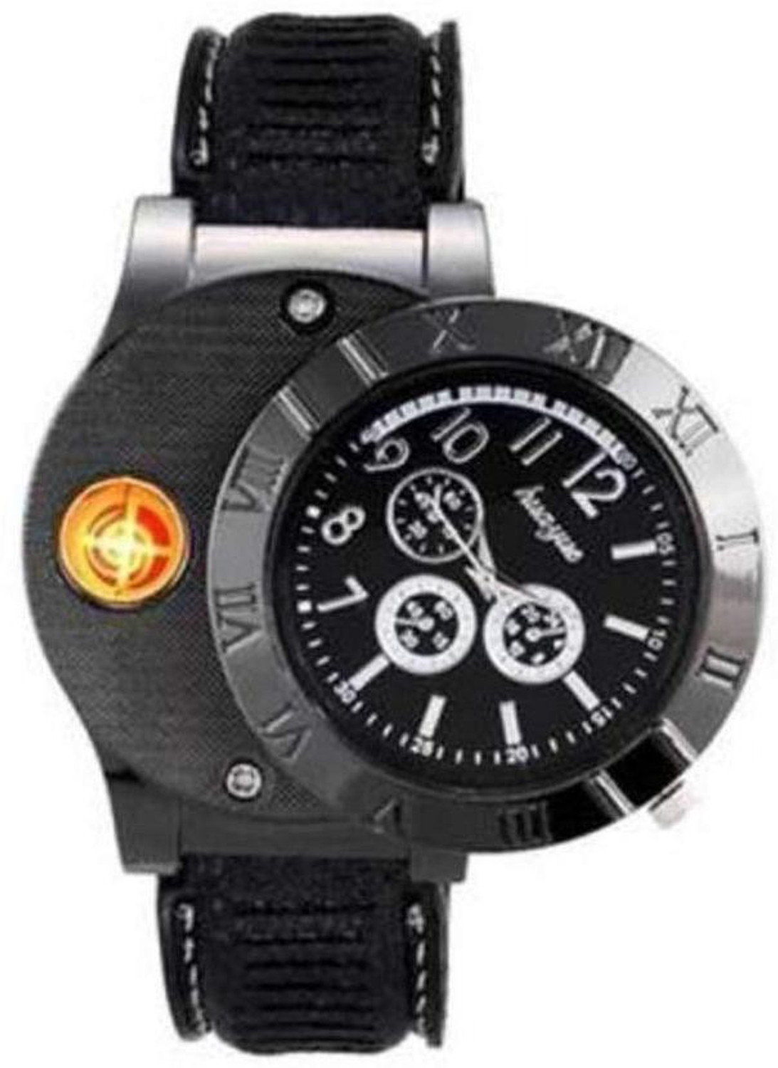 Ala Flame METAL Premium Black New Innovative Lighter Watch Military Lighter USB Electronic Watch Windproof Flameless Cigarette Men's Lighter Watches Cigarette Lighter (Premium Black) - Image 1