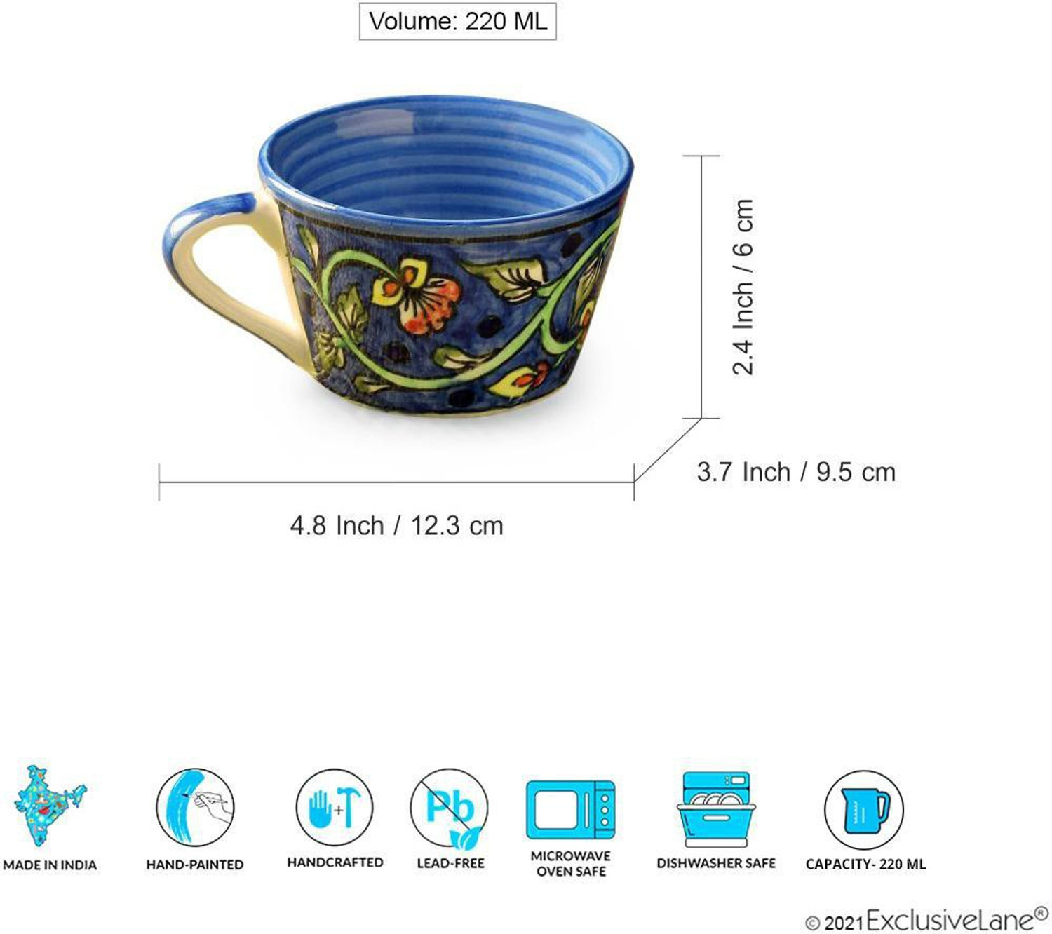 Image of ExclusiveLane Pack of 2 Ceramic Hand-painted Ceramic Tea & Coffee Cups (Blue, Multicolor, Cup Set)