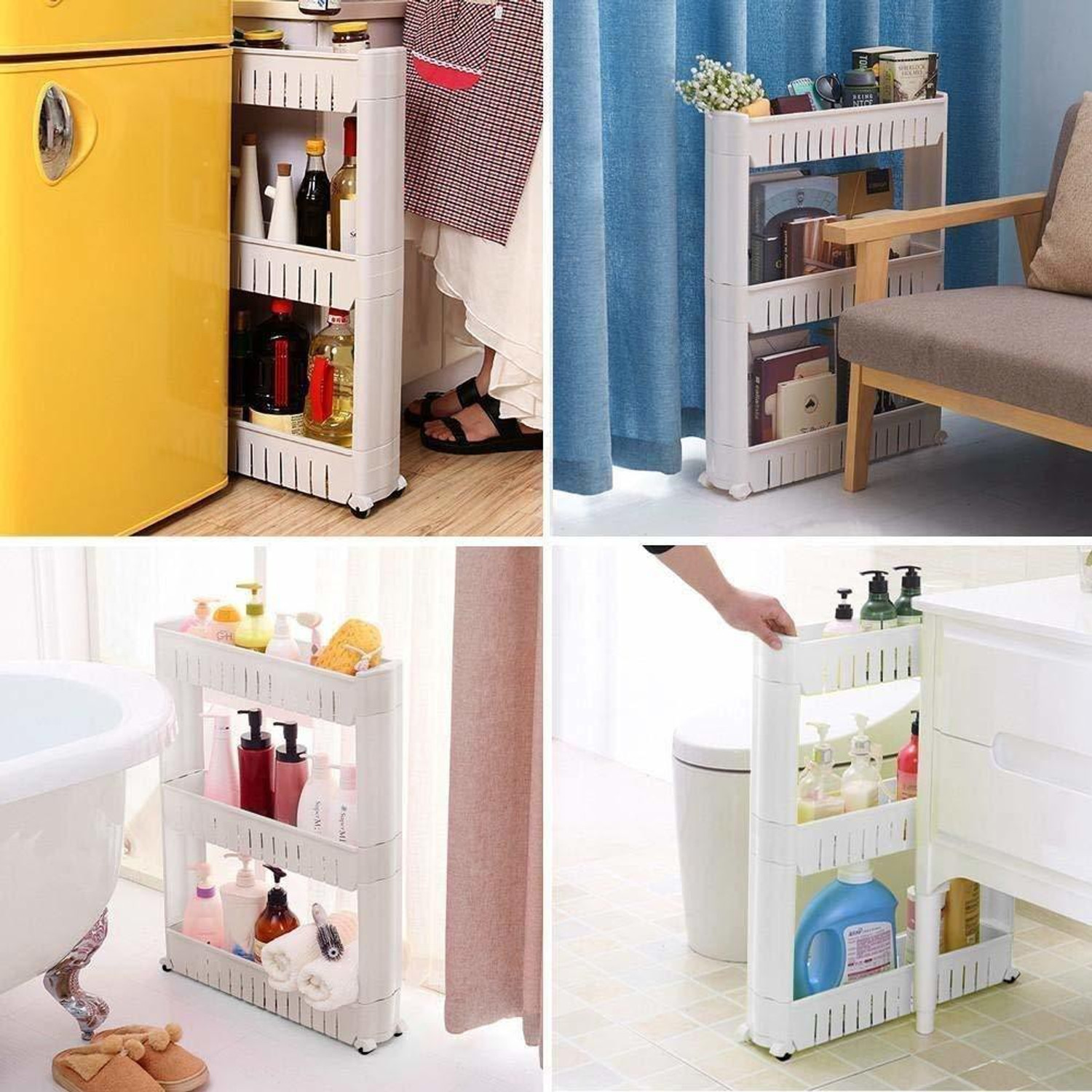 Image of QUISTAL 3 Layer Storage Organizer Multipurpose Slim Rack | White 3 Tier Utility Shelf with Wheels for Kitchen, Bedroom, Bathroom Plastic Kitchen Trolley (DIY(Do-It-Yourself))