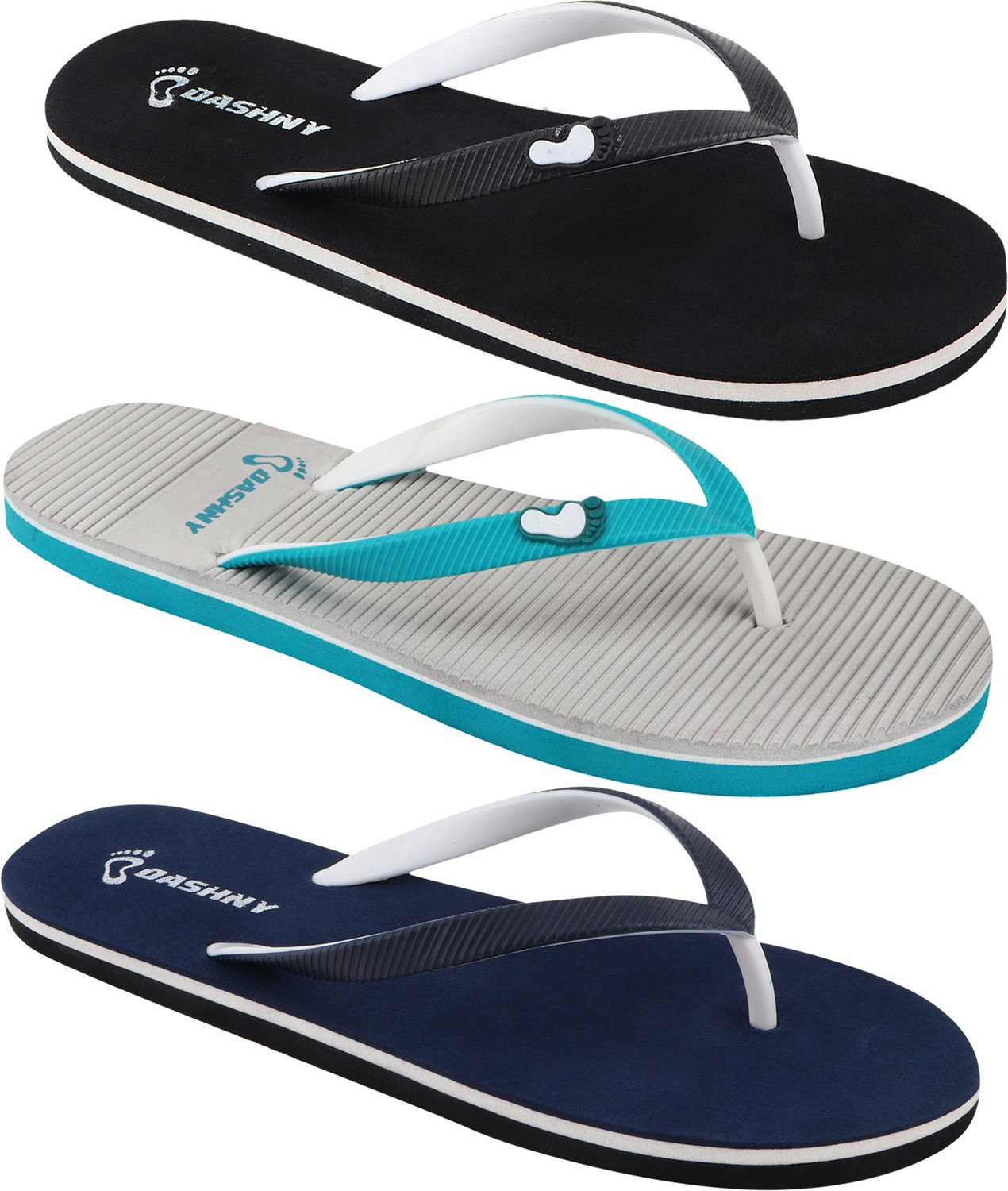 Image of DASHNY Pack Of 3 Soft Stylish Comfortable Slippers & Flip Flops For Women (Multicolor) Women Slippers (Black, Grey, Navy , 4)