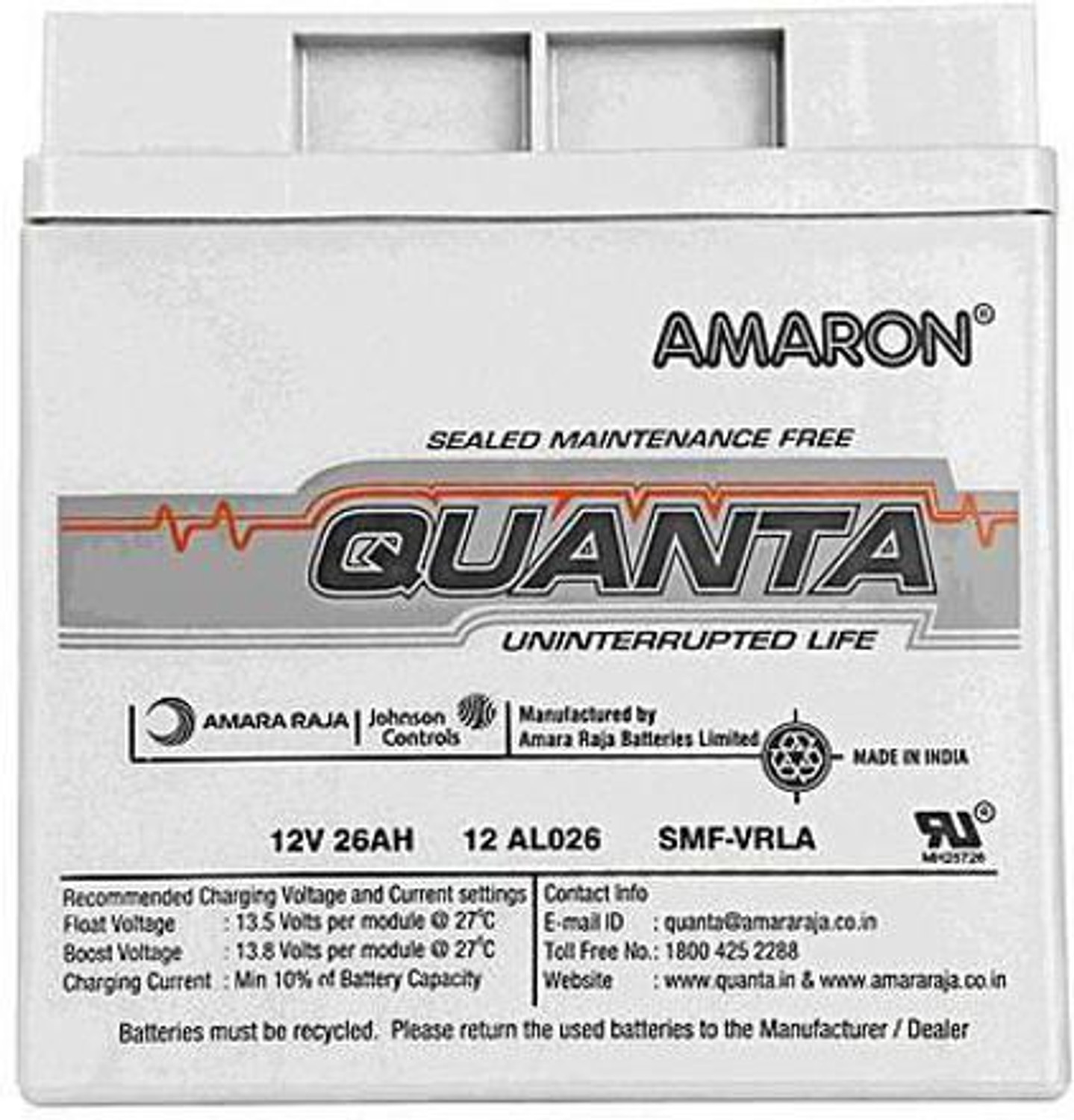 Image of Amron Quanta 12V 26AH SMF-VRLA AGM Solar Battery (12 V)