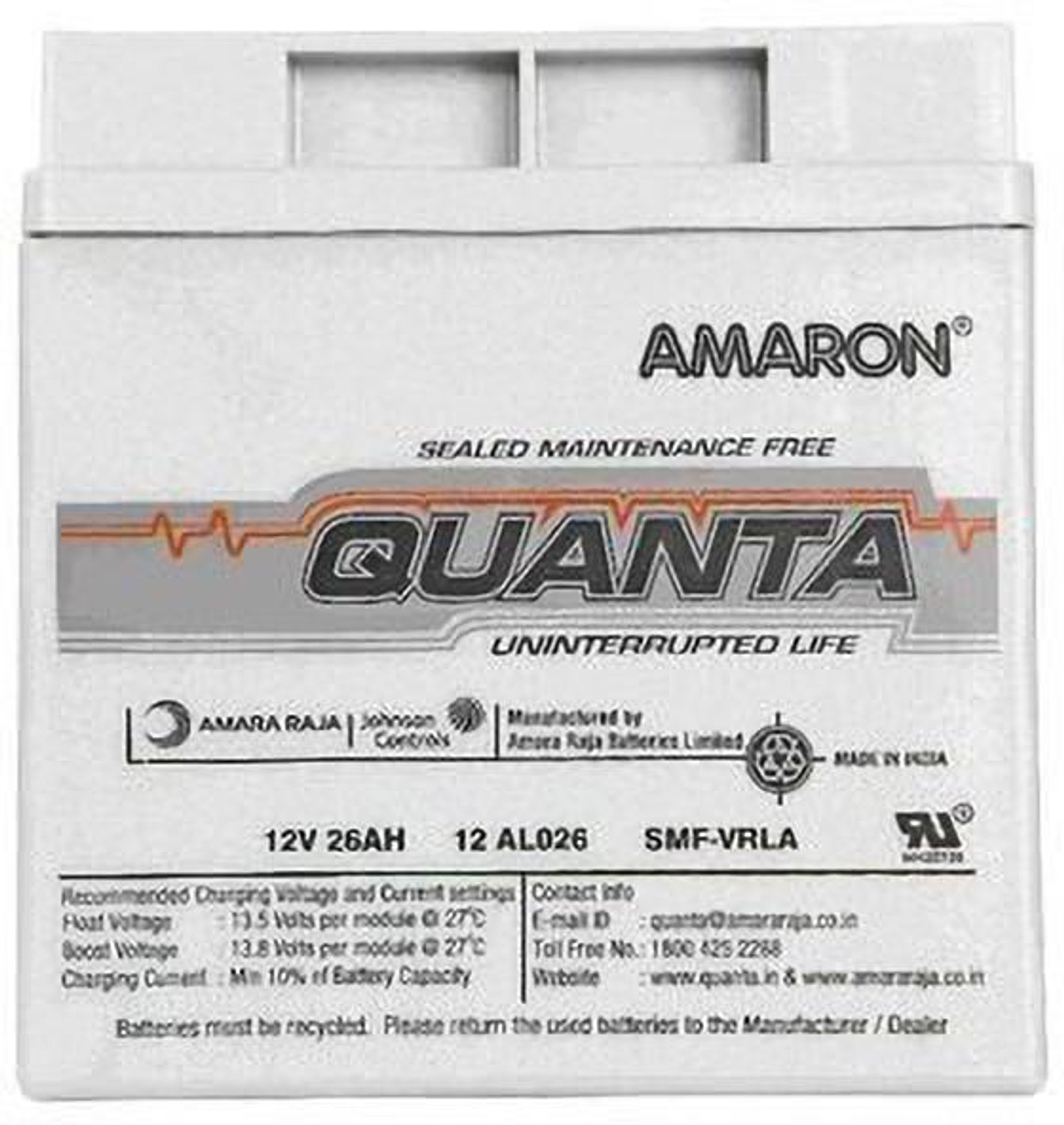 Image of Amron Quanta 12V 26AH SMF-VRLA AGM Solar Battery (12 V)