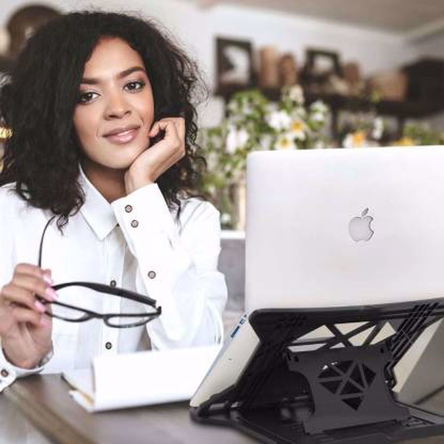 Image of Ampito Adjustable Laptop Stand Patented Riser Ventilated Portable Foldable Compatible with MacBook Notebook Tablet Tray Desk Table Book with Phone Stand(Black) Plastic Floor and Desk Stand Laptop Stand with Adjustable Height Compatible with Universal Laptops (Black)