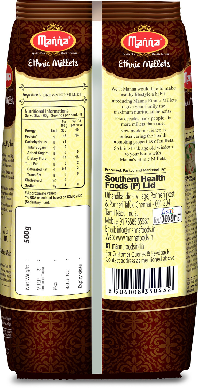 Image of Manna Browntop Millet Natural Grains, 1.5kg (500g x 3 Packs) - (Chotti Kangni / Andu Korralu / Korale) | Native Low GI Millet Rice | High Protein & 100% more Fibre than Rice Browntop Millet (1.5 kg, Pack of 3)