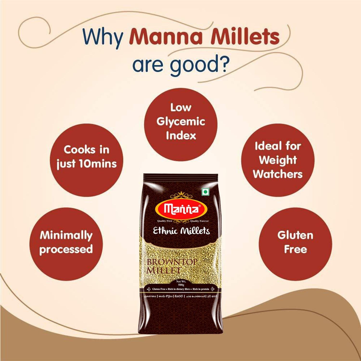 Image of Manna Browntop Millet Natural Grains, 1.5kg (500g x 3 Packs) - (Chotti Kangni / Andu Korralu / Korale) | Native Low GI Millet Rice | High Protein & 100% more Fibre than Rice Browntop Millet (1.5 kg, Pack of 3)