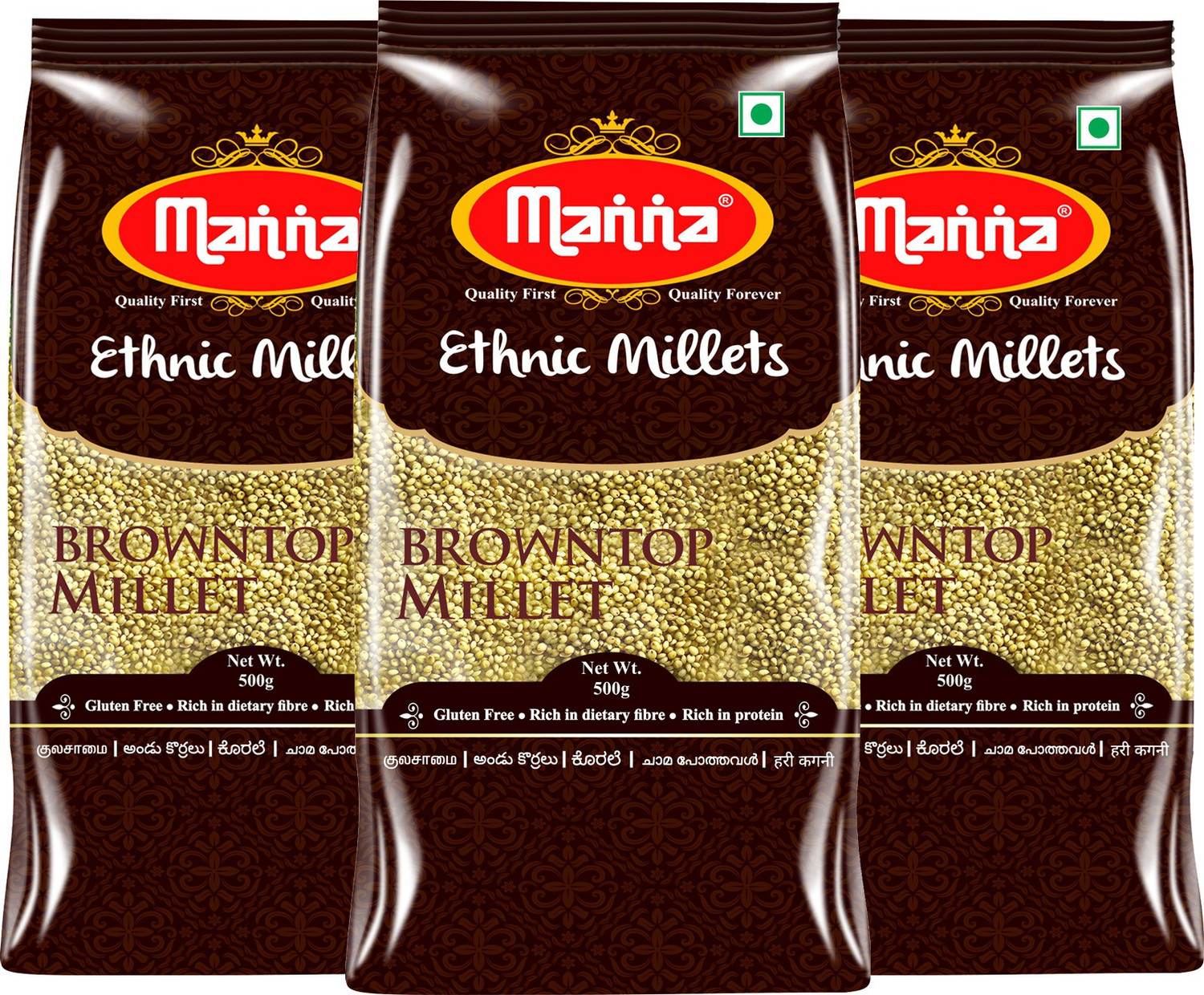 Image of Manna Browntop Millet Natural Grains, 1.5kg (500g x 3 Packs) - (Chotti Kangni / Andu Korralu / Korale) | Native Low GI Millet Rice | High Protein & 100% more Fibre than Rice Browntop Millet (1.5 kg, Pack of 3)