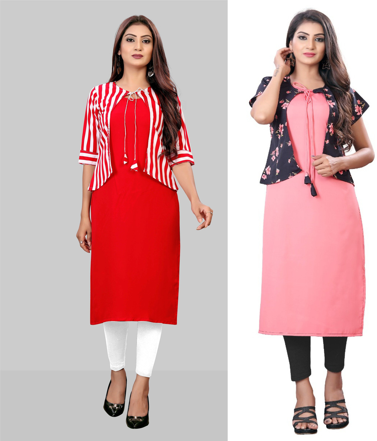 Image of HD CREATION Women Crepe Kurta Churidar Ethnic Jacket Set