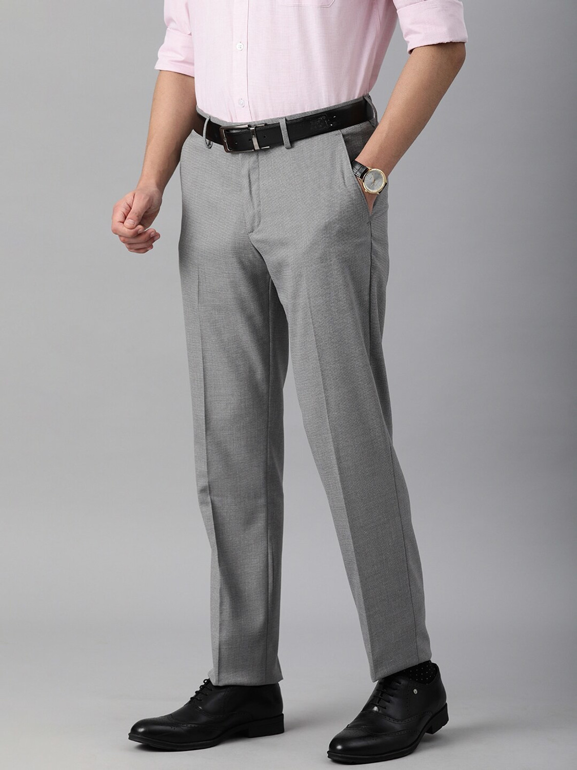 Image of LOUIS PHILIPPE Men Slim Fit Grey Viscose Rayon Trousers