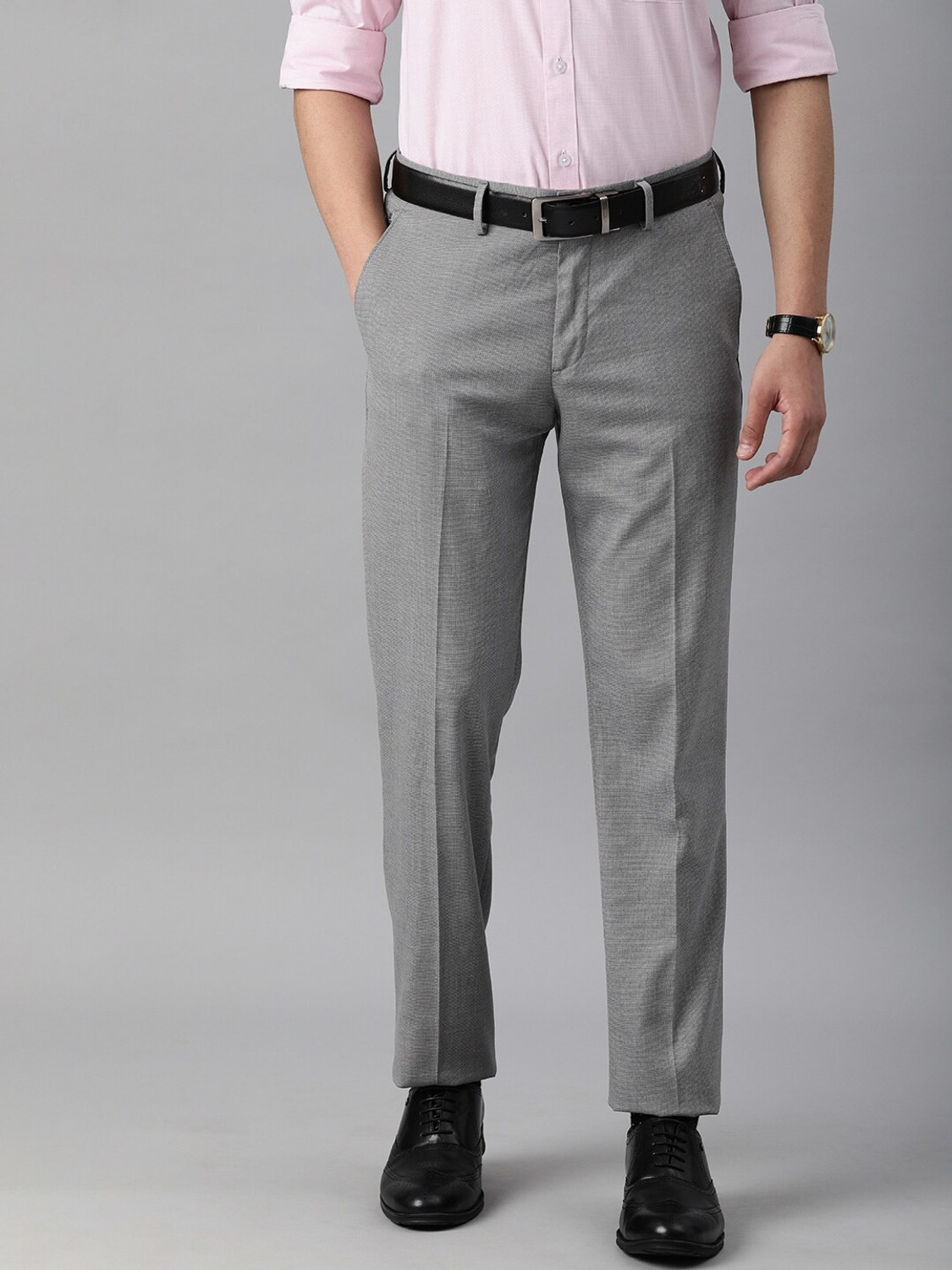 Image of LOUIS PHILIPPE Men Slim Fit Grey Viscose Rayon Trousers