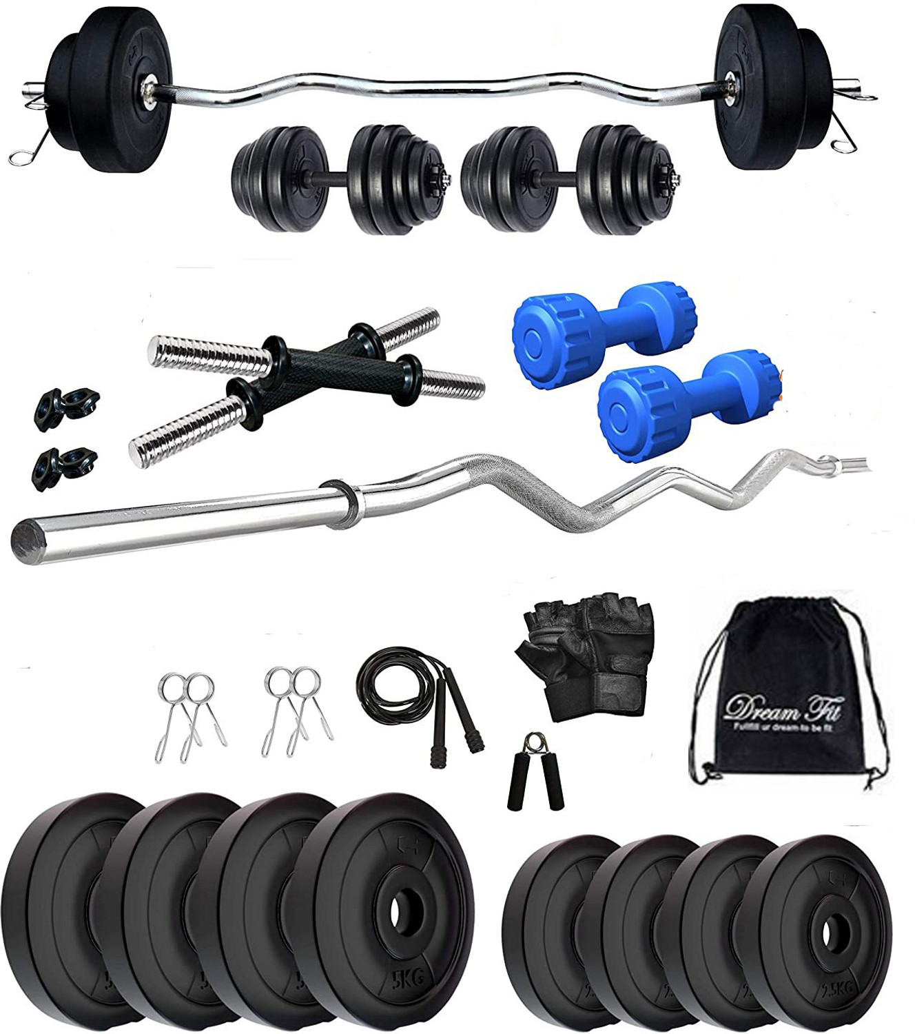 Image of POWER FITNESS 25 kg 20KG PVC Weight Set with Dumbbell Rods, 3ft CURL Rod & ACC Gym Gym & Fitness Kit Home Gym Combo