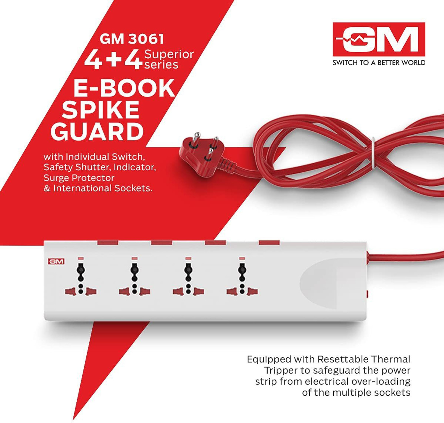 Image of GM Modular 3061 E-Book 4+4 Spike Adaptor with Individual Switch, Indicator, Safety Shutter, International Sockets & Surge Protector 4 Socket Extension Boards (White, 2 m)