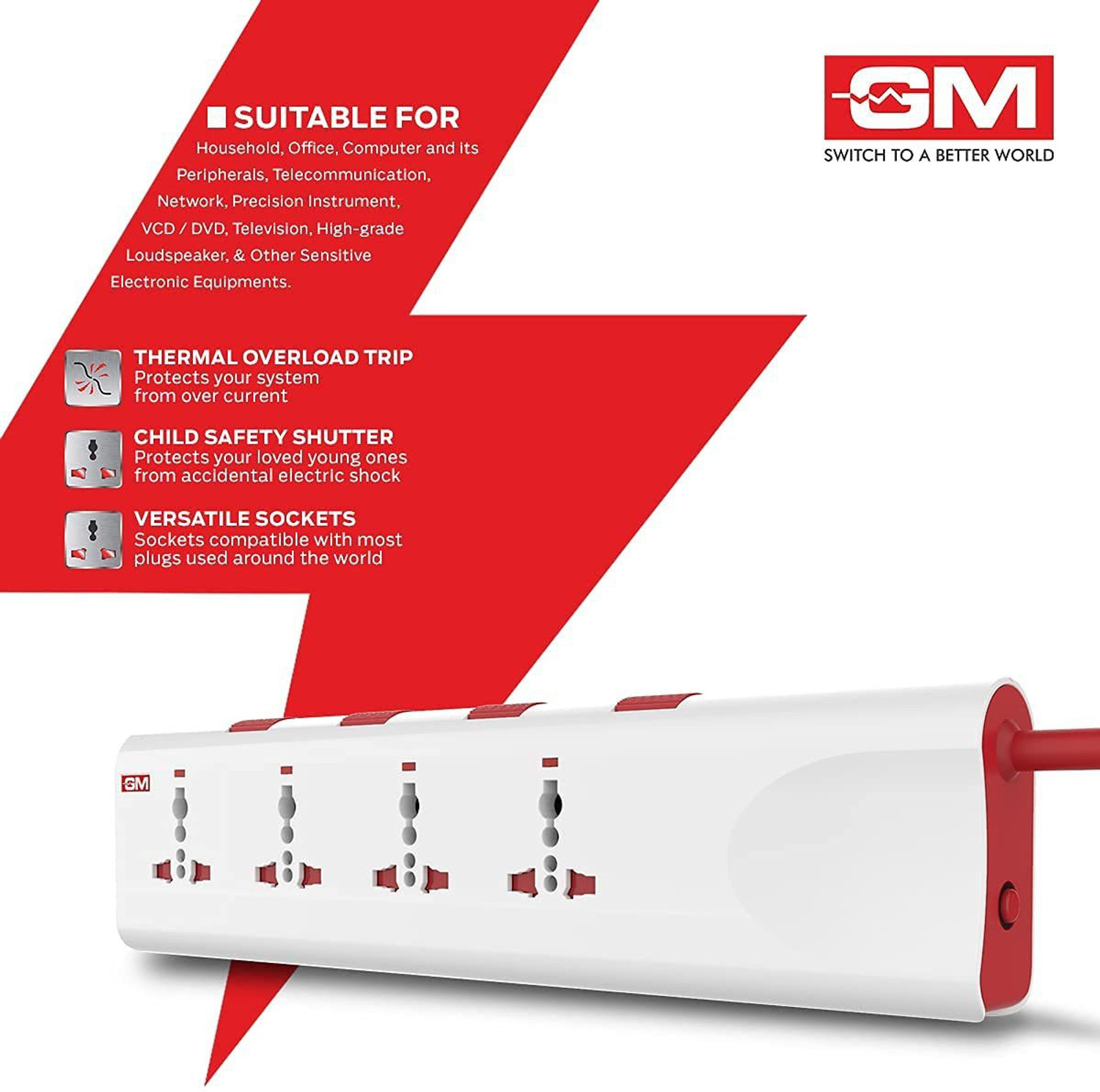 Image of GM Modular 3061 E-Book 4+4 Spike Adaptor with Individual Switch, Indicator, Safety Shutter, International Sockets & Surge Protector 4 Socket Extension Boards (White, 2 m)
