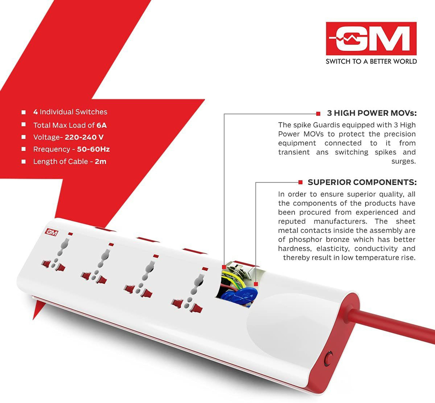 Image of GM Modular 3061 E-Book 4+4 Spike Adaptor with Individual Switch, Indicator, Safety Shutter, International Sockets & Surge Protector 4 Socket Extension Boards (White, 2 m)