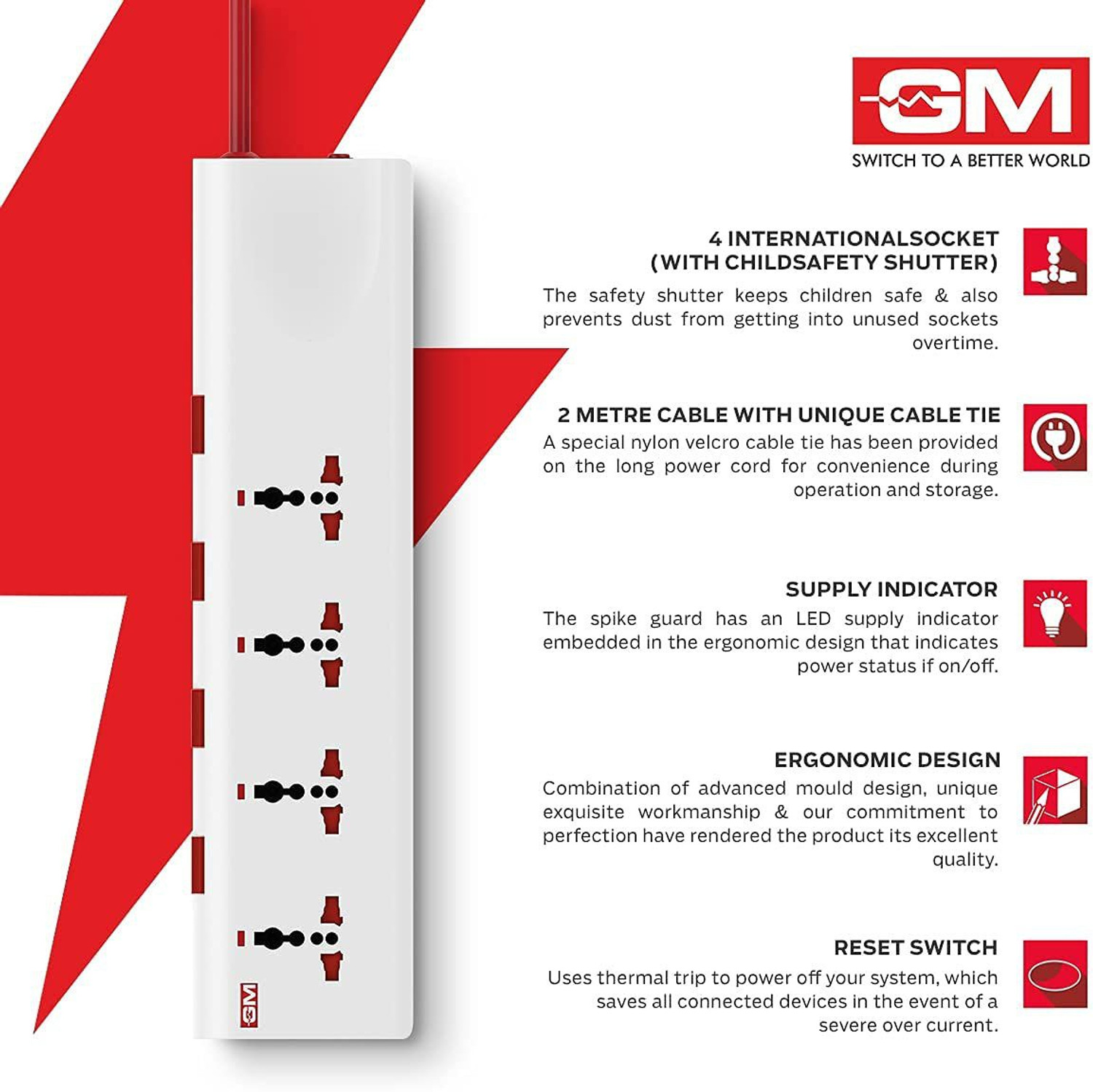 Image of GM Modular 3061 E-Book 4+4 Spike Adaptor with Individual Switch, Indicator, Safety Shutter, International Sockets & Surge Protector 4 Socket Extension Boards (White, 2 m)