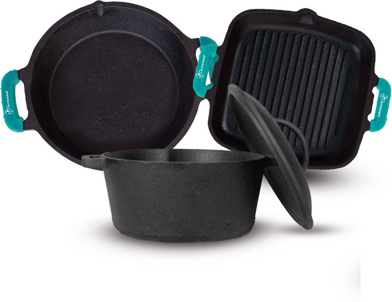 70’S KITCHEN Cast Iron Cookware Combo Set – Dutch Oven (5ltrs), Grill Pan (10.8Inch) & Skillet Pan (10Inch) for Cooking with sillicon handle…