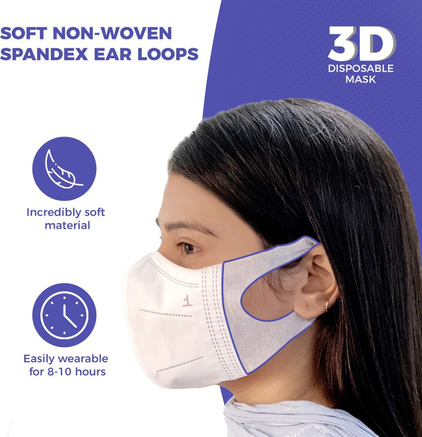 Image of Care View 3 Dimensional Disposable Face Mask Pouch with 4 Layered Filtration, SITRA and BIS(ISI) certified & Incredibly Soft Spandex Non Woven Fabric Ear loop (WHITE , PACK OF 100) 3D Mask White (White, Free Size, Pack of 100)
