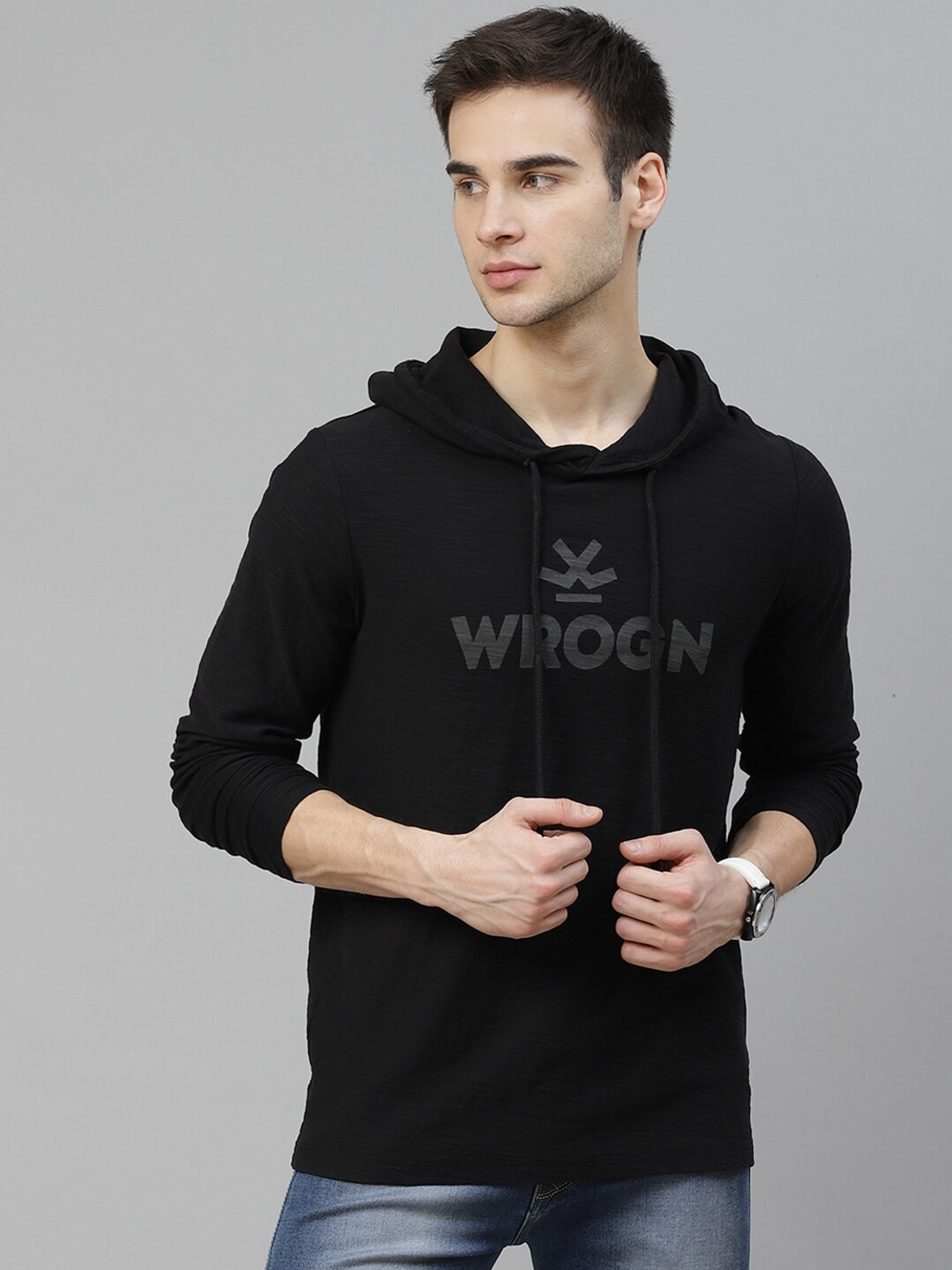 WROGN Printed Men Hooded Neck Black T-Shirt