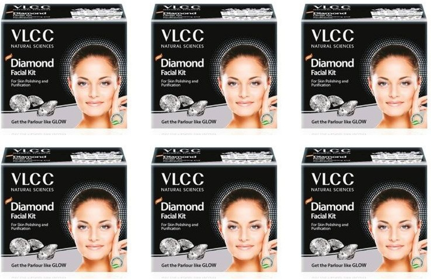 Image of VLCC Party Glow Diamond Facial Kit (6 Items in single box) - Pack of 6 (50 GM X 6) For Skin Polishing and Purification 300 g (36 x 8.33 g)