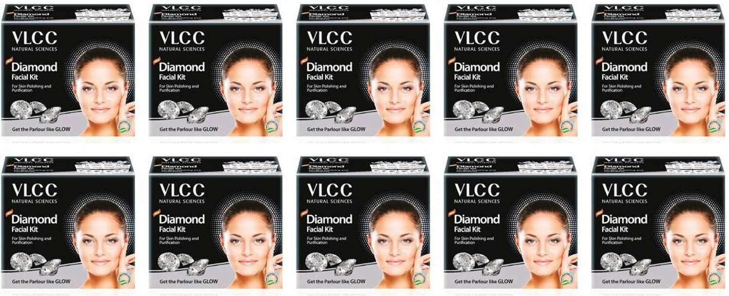 Image of VLCC Party Glow Diamond Facial Kit (6 Items in single box) - Pack of 10 (50 GM X 10) For Skin Polishing and Purification 600 g (60 x 10 g)