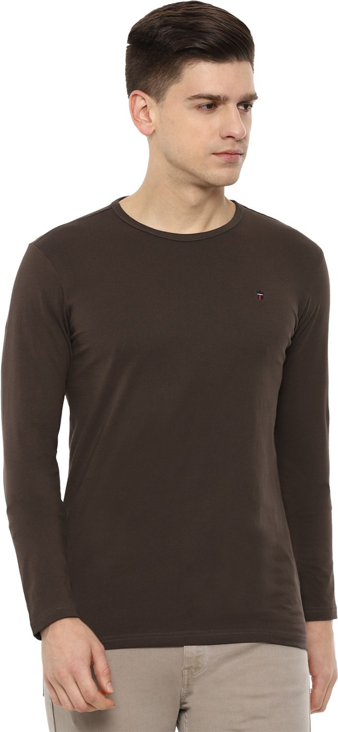 Image of LOUIS PHILIPPE BLUE LINE Men Solid Round Neck Pure Cotton Brown T-Shirt