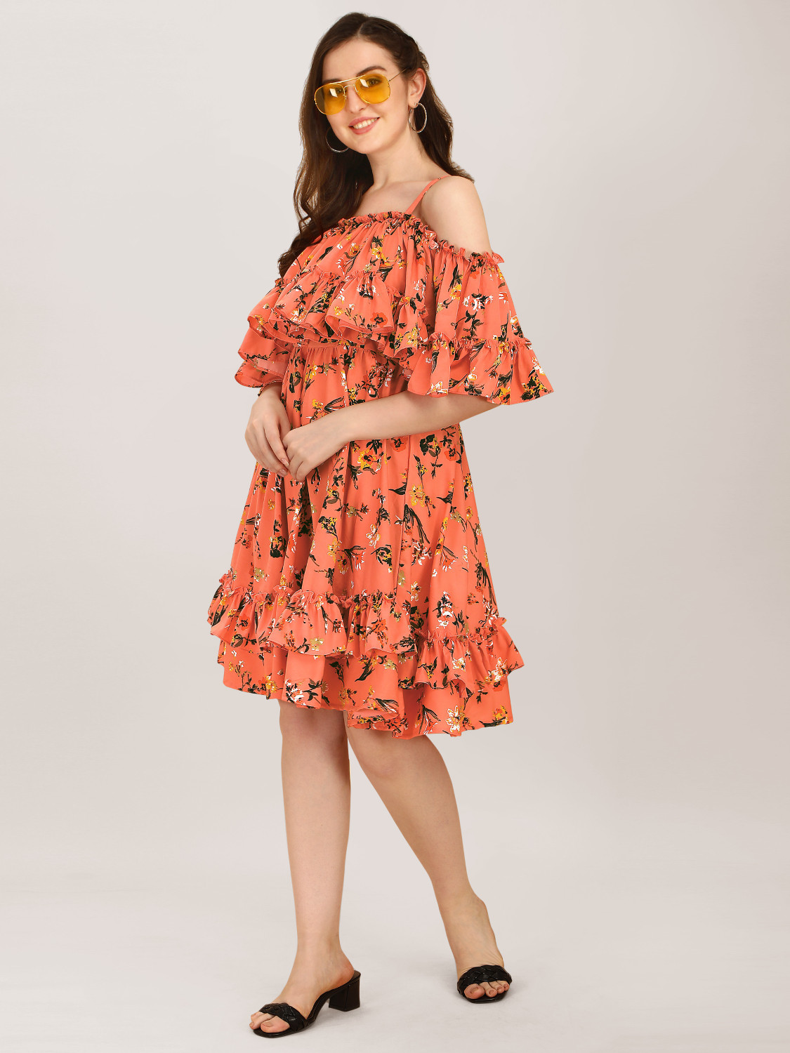 Image of Oomph! Women Ruffled Multicolor Knee Length Dress