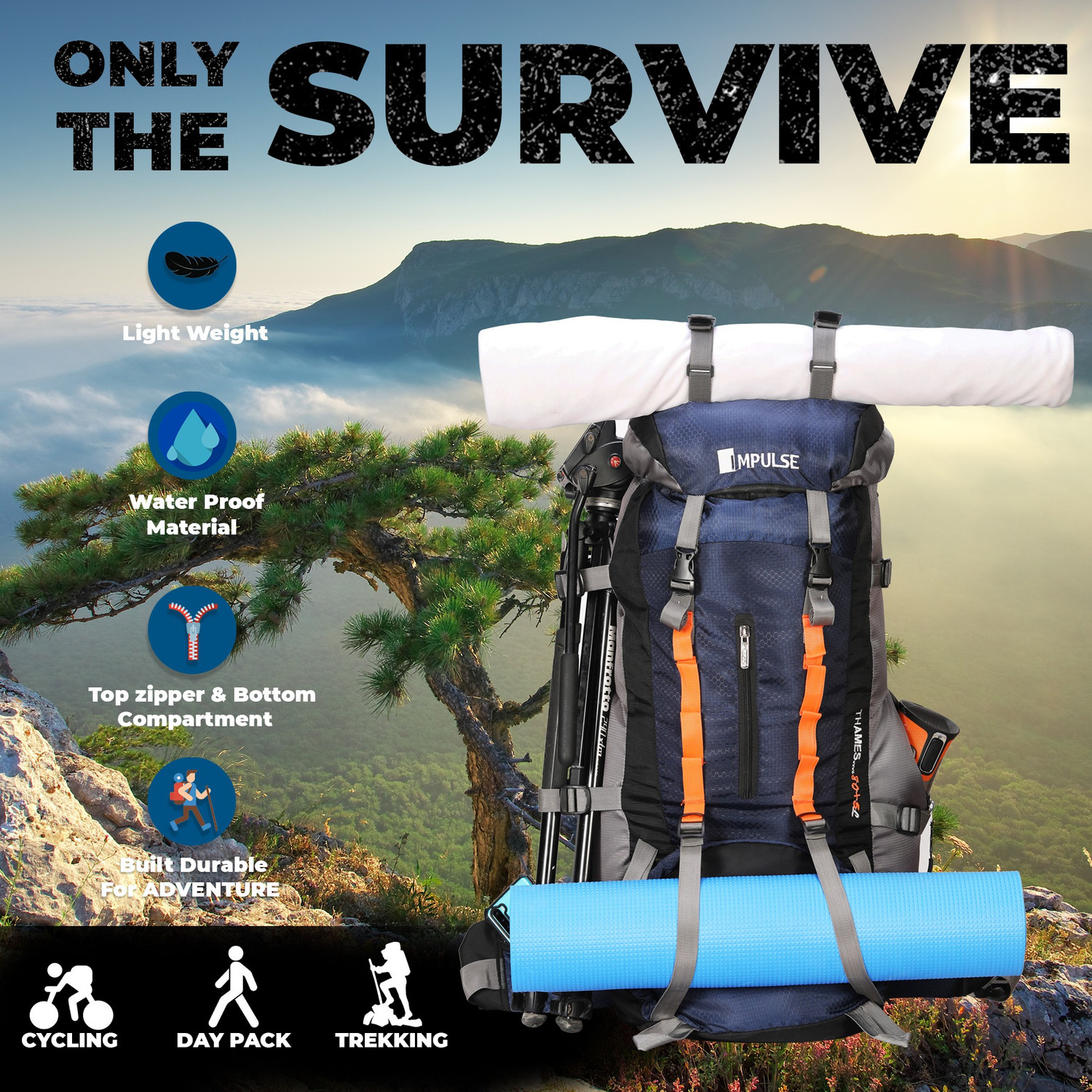 Image of IMPULSE Thames 85 Liter Rucksack Bag Waterproof Travelling Trekking Hiking Camping Luggage Bag & Backpack (Navy Blue) Rucksack - 85 L (Blue)