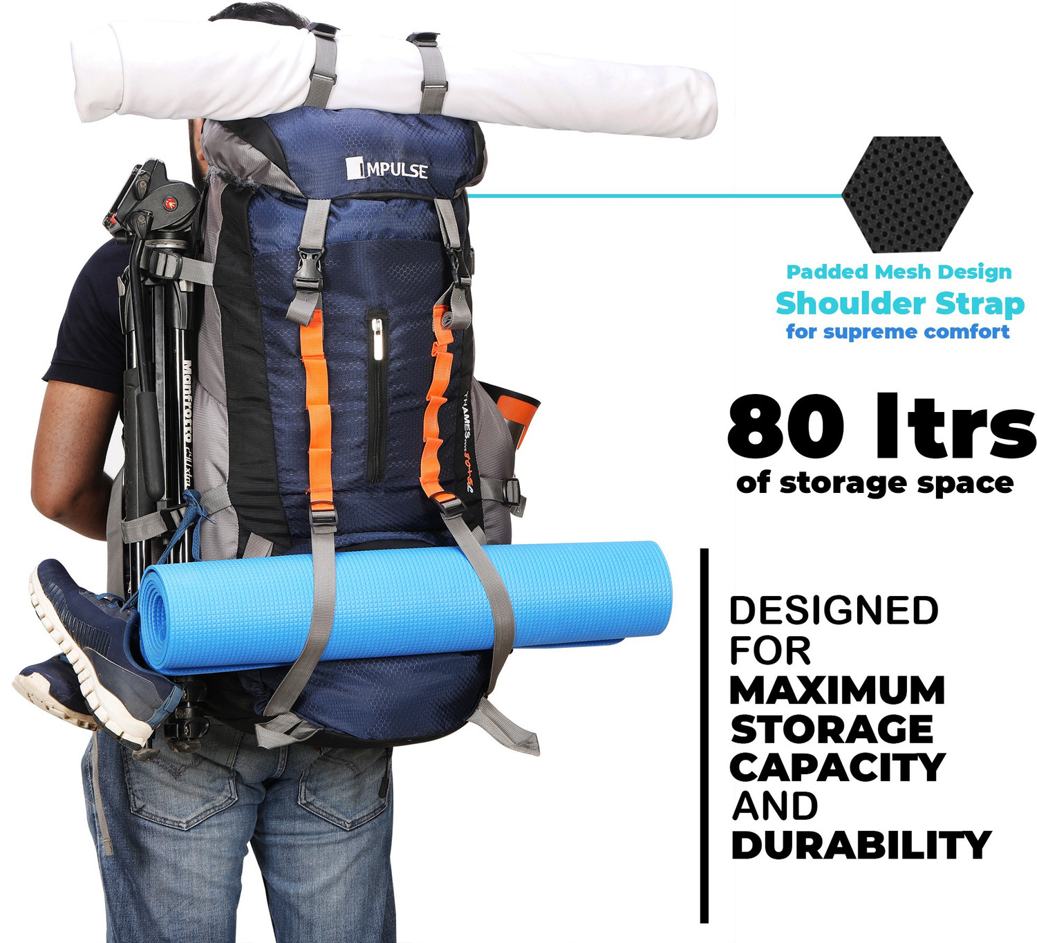 Image of IMPULSE Thames 85 Liter Rucksack Bag Waterproof Travelling Trekking Hiking Camping Luggage Bag & Backpack (Navy Blue) Rucksack - 85 L (Blue)