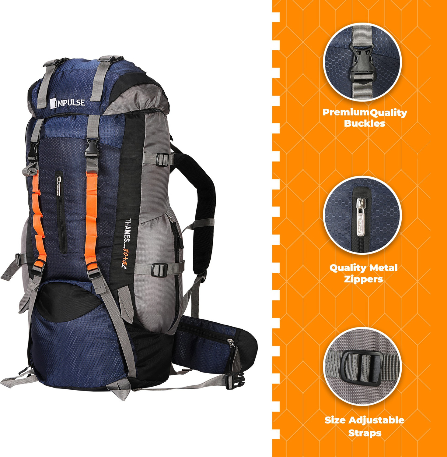 Image of IMPULSE Thames 85 Liter Rucksack Bag Waterproof Travelling Trekking Hiking Camping Luggage Bag & Backpack (Navy Blue) Rucksack - 85 L (Blue)