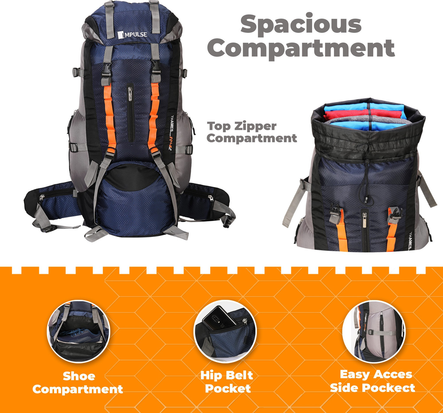 Image of IMPULSE Thames 85 Liter Rucksack Bag Waterproof Travelling Trekking Hiking Camping Luggage Bag & Backpack (Navy Blue) Rucksack - 85 L (Blue)